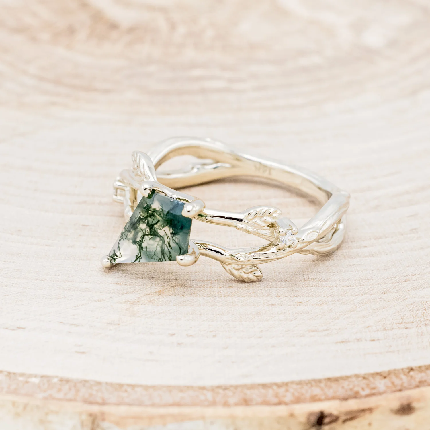 "ARTEMIS ON THE VINE" DIAGONAL - KITE CUT MOSS AGATE ENGAGEMENT RING WITH DIAMOND ACCENTS & A BRANCH-STYLE BAND - Image 3