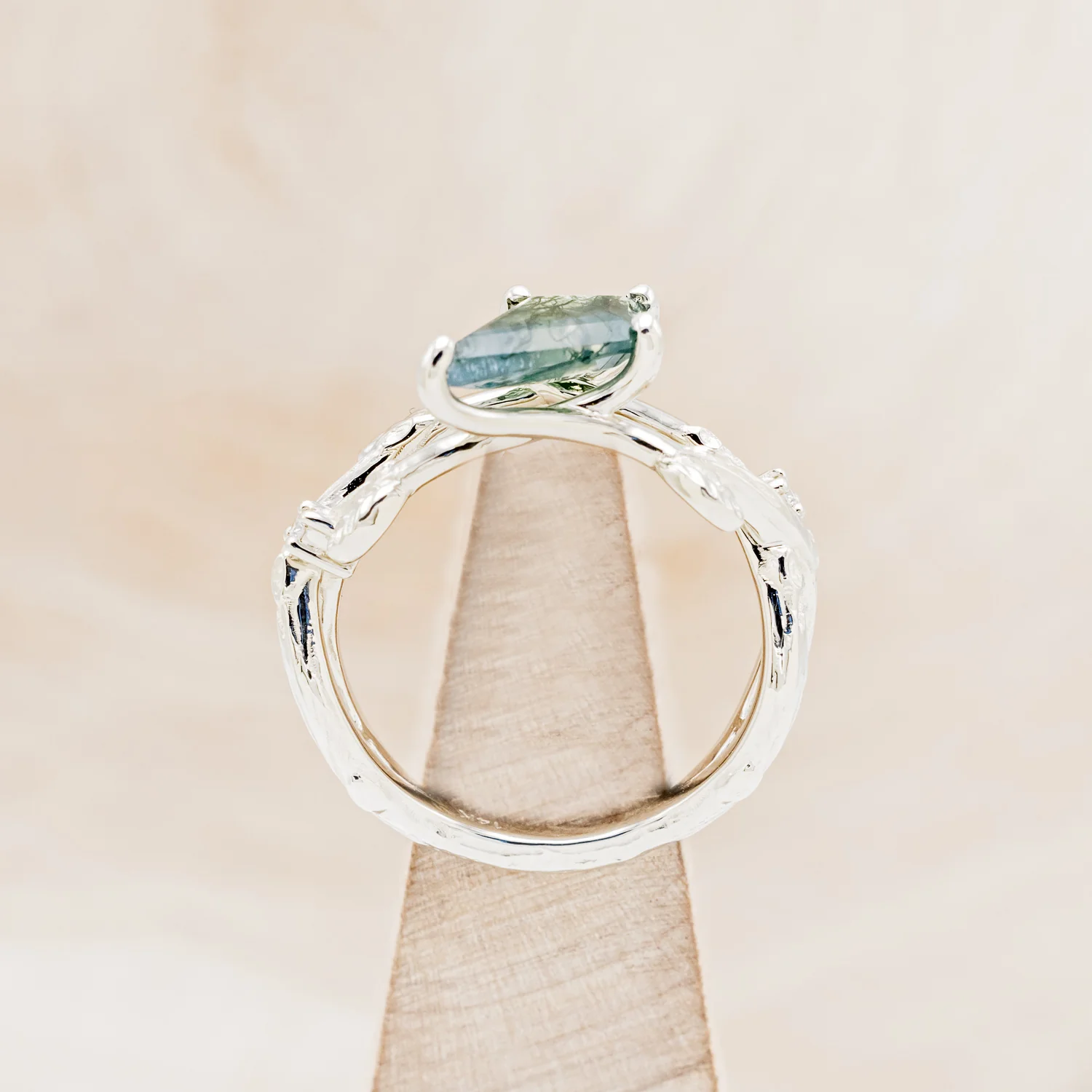 "ARTEMIS ON THE VINE" DIAGONAL - KITE CUT MOSS AGATE ENGAGEMENT RING WITH DIAMOND ACCENTS & A BRANCH-STYLE BAND - Image 5