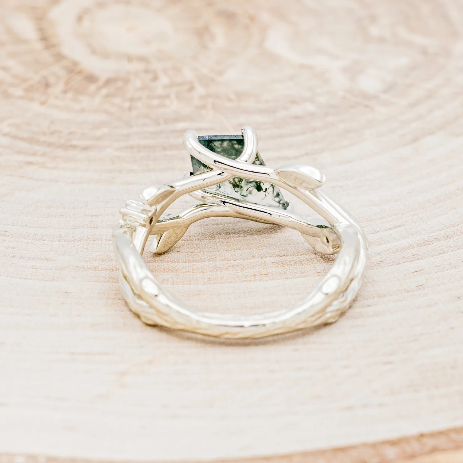 "ARTEMIS ON THE VINE" DIAGONAL - KITE CUT MOSS AGATE ENGAGEMENT RING WITH DIAMOND ACCENTS & A BRANCH-STYLE BAND - Image 6