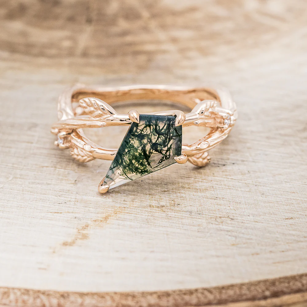 "ARTEMIS ON THE VINE" DIAGONAL - KITE CUT MOSS AGATE ENGAGEMENT RING WITH DIAMOND ACCENTS & A BRANCH-STYLE BAND - Image 8