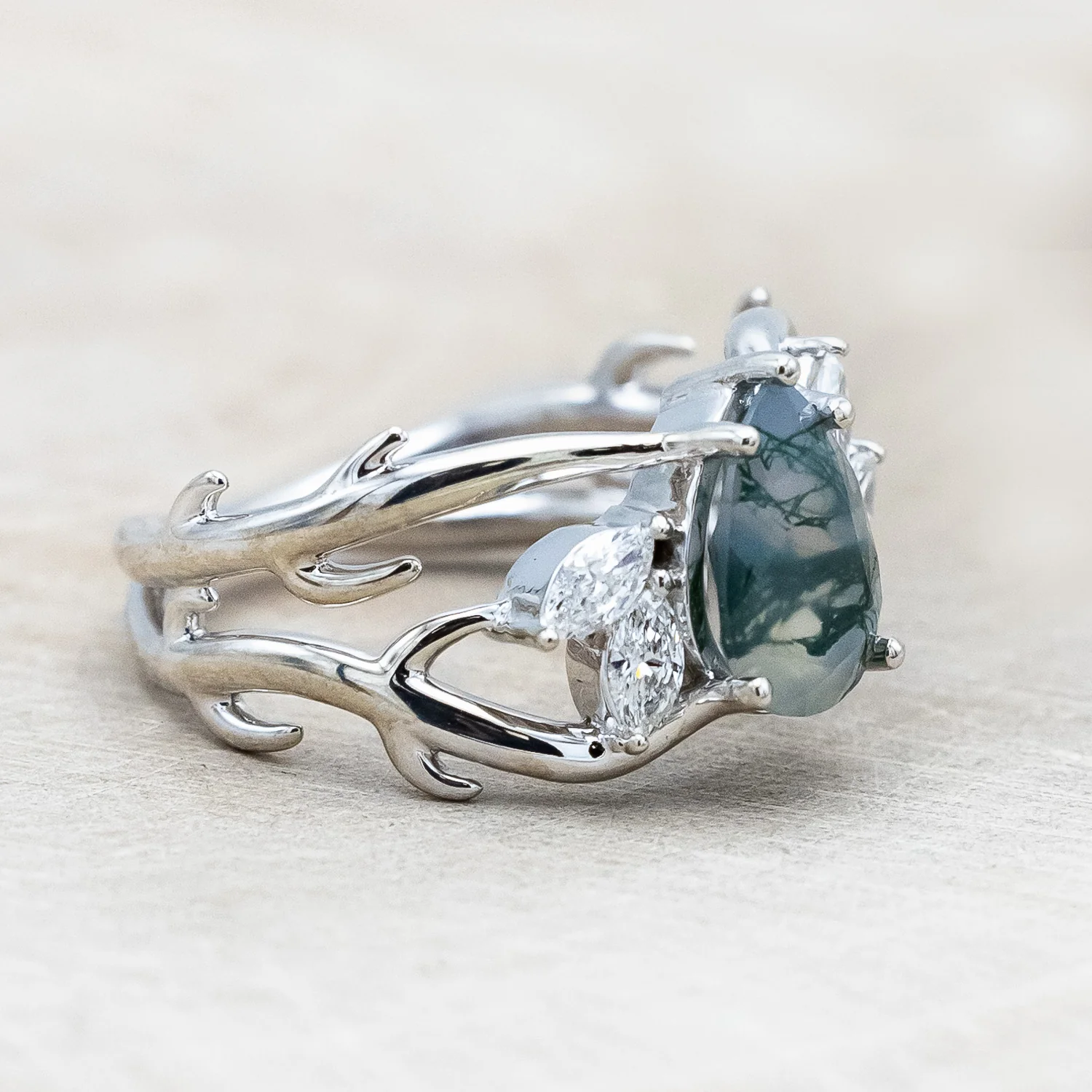 "ARTEMIS" - PEAR CUT MOSS AGATE ENGAGEMENT RING WITH MARQUISE DIAMOND ACCENTS - Image 3