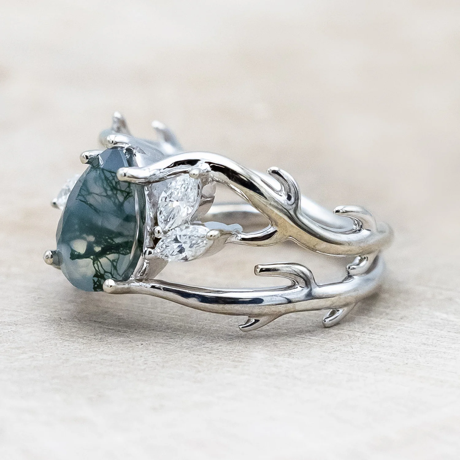 "ARTEMIS" - PEAR CUT MOSS AGATE ENGAGEMENT RING WITH MARQUISE DIAMOND ACCENTS - Image 4