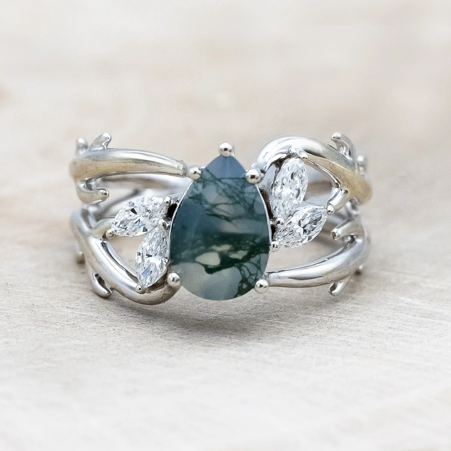 "ARTEMIS" - PEAR CUT MOSS AGATE ENGAGEMENT RING WITH MARQUISE DIAMOND ACCENTS - Image 5