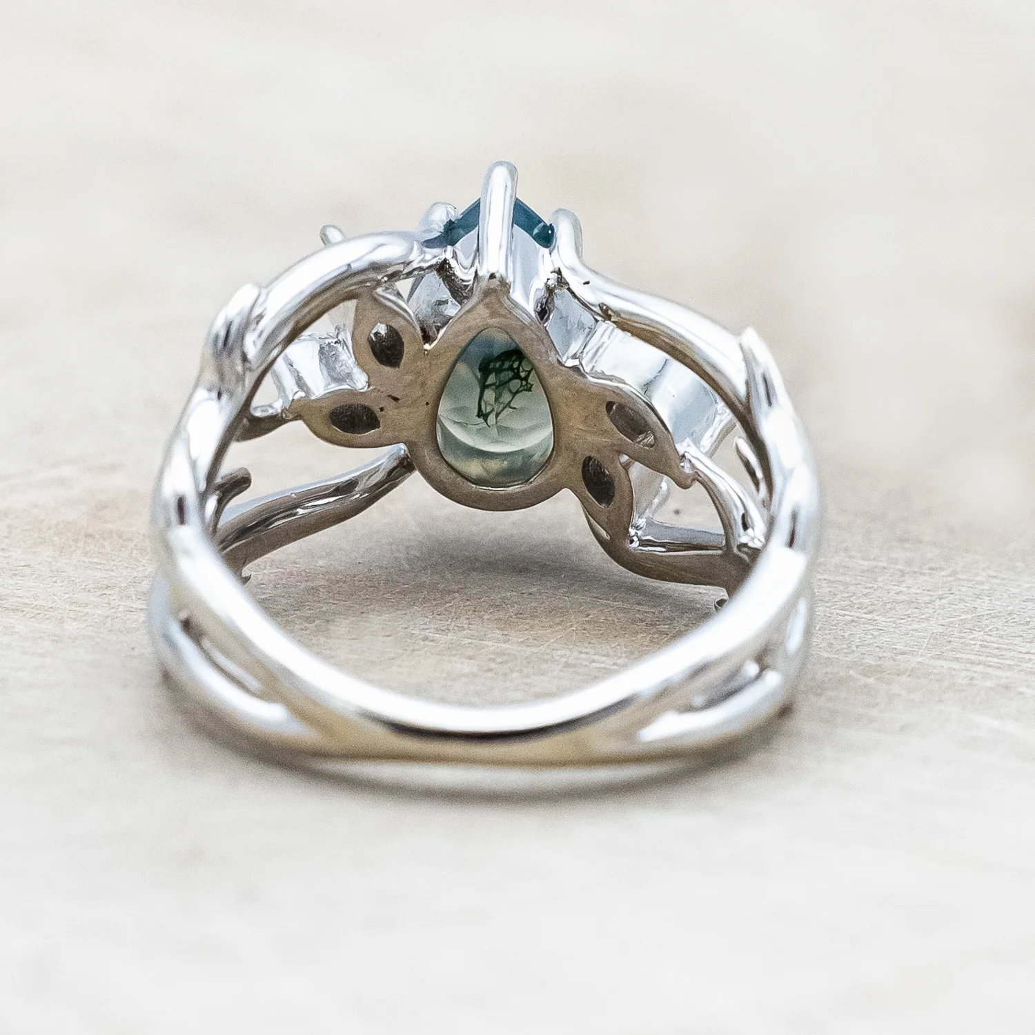 "ARTEMIS" - PEAR CUT MOSS AGATE ENGAGEMENT RING WITH MARQUISE DIAMOND ACCENTS - Image 6