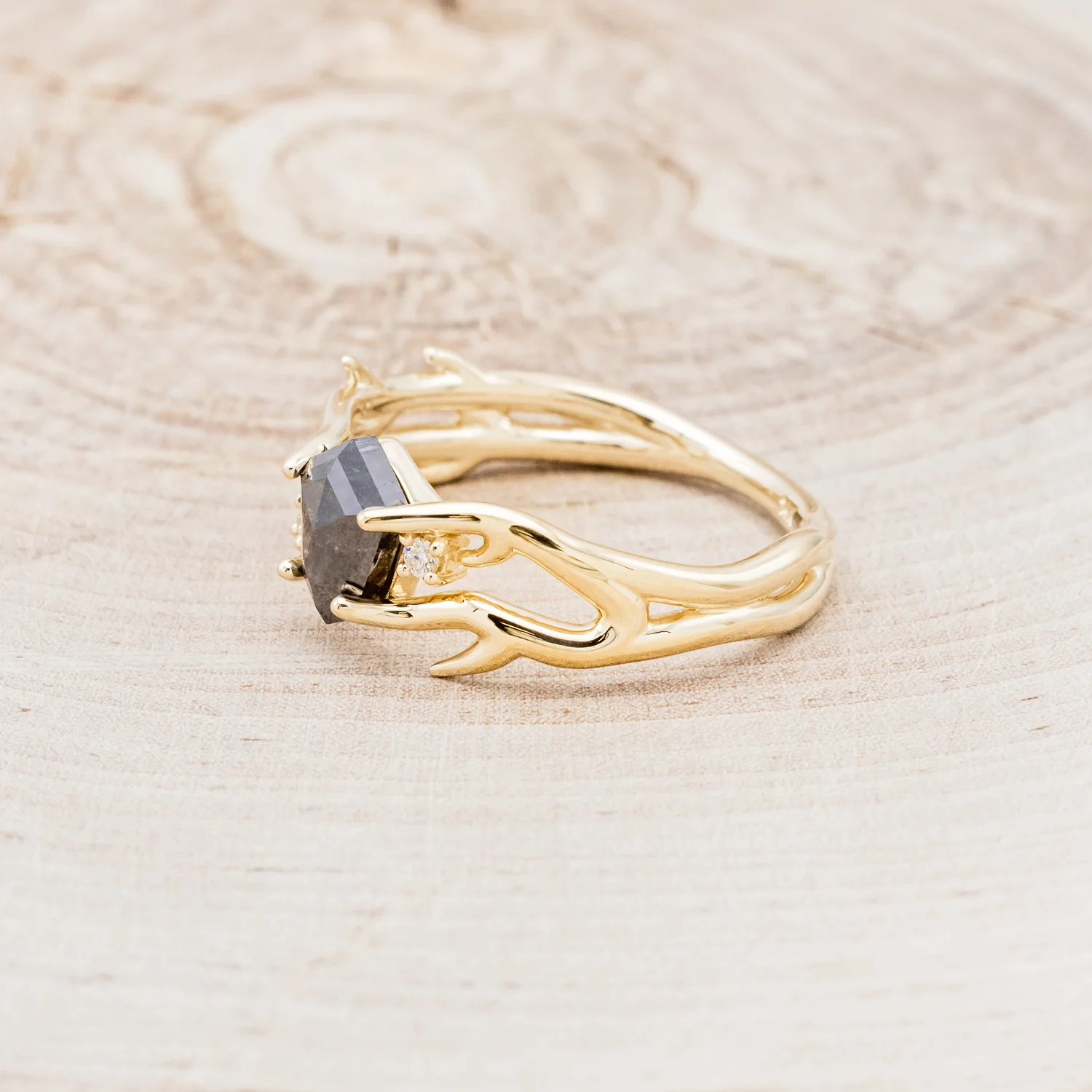 "ARTEMIS" - SHIELD ROSECUT SALT & PEPPER DIAMOND ENGAGEMENT RING WITH DIAMOND ACCENTS - Image 3