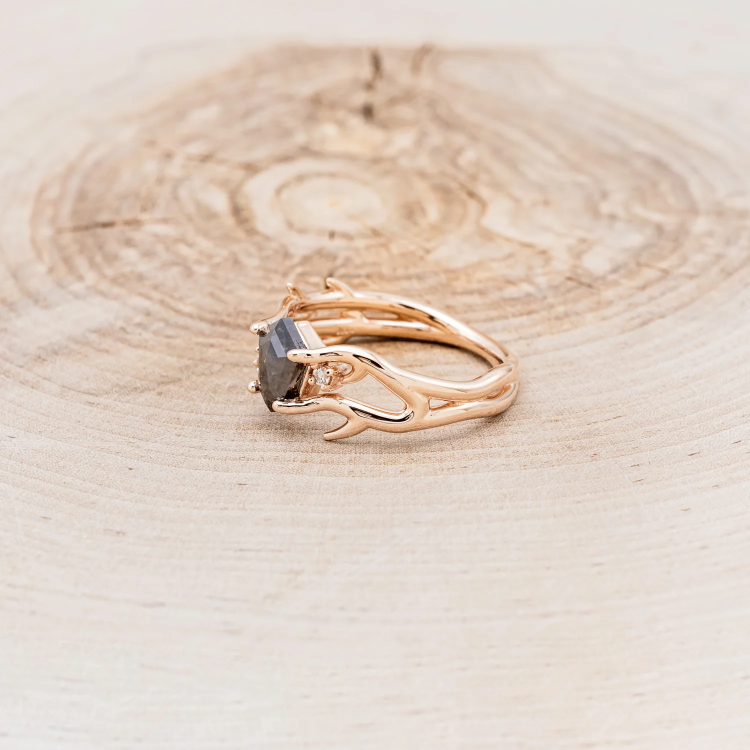 "ARTEMIS" - SHIELD ROSECUT SALT & PEPPER DIAMOND ENGAGEMENT RING WITH DIAMOND ACCENTS - Image 9