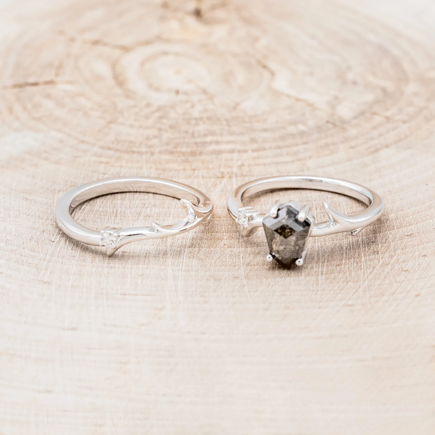 "ARTEMIS" - SHIELD ROSECUT SALT & PEPPER DIAMOND ENGAGEMENT RING WITH DIAMOND ACCENTS & STACKING BAND - Image 10