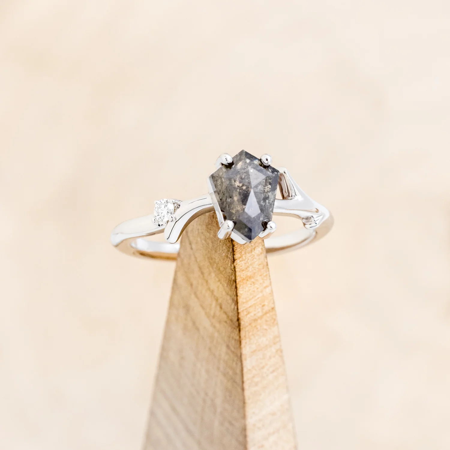 "ARTEMIS" - SHIELD ROSECUT SALT & PEPPER DIAMOND ENGAGEMENT RING WITH DIAMOND ACCENTS & STACKING BAND - Image 11