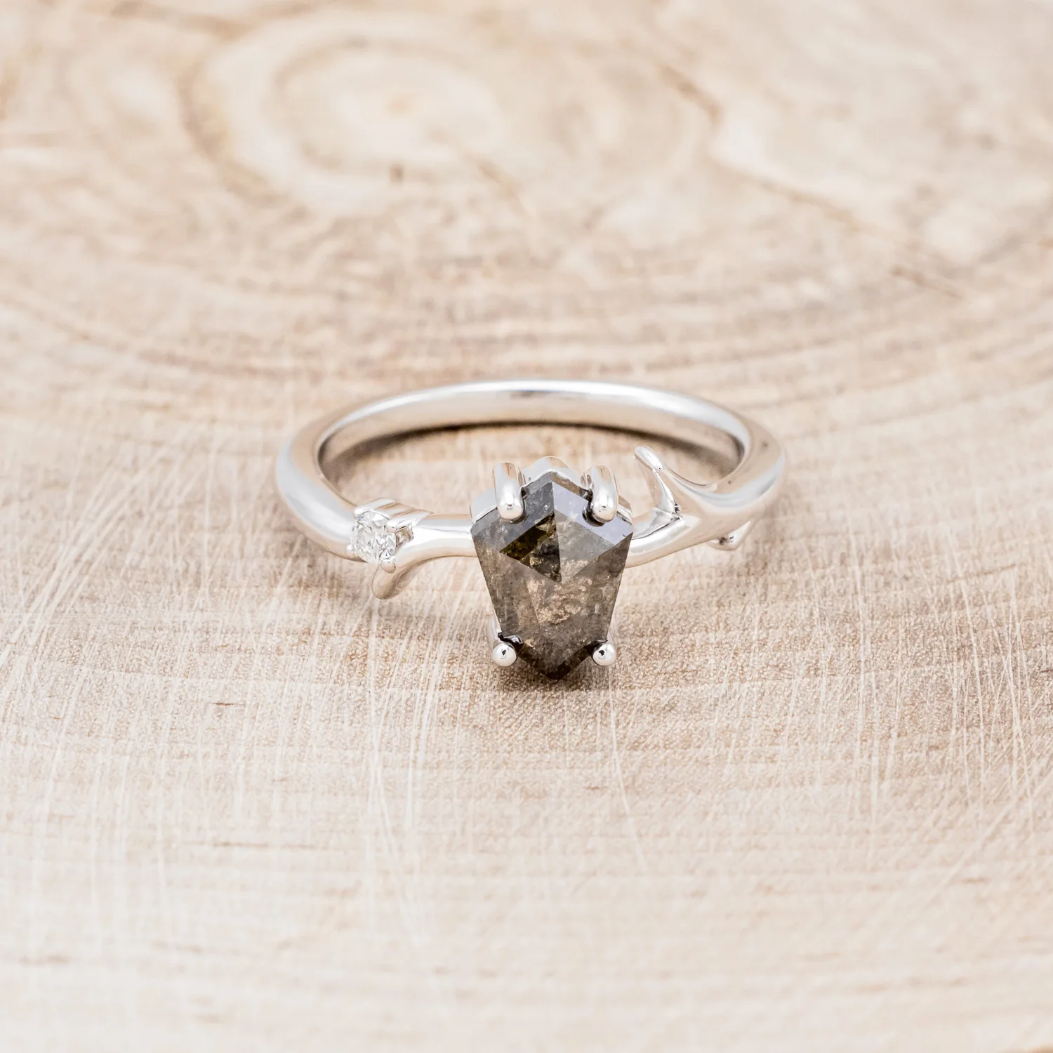 "ARTEMIS" - SHIELD ROSECUT SALT & PEPPER DIAMOND ENGAGEMENT RING WITH DIAMOND ACCENTS & STACKING BAND - Image 12