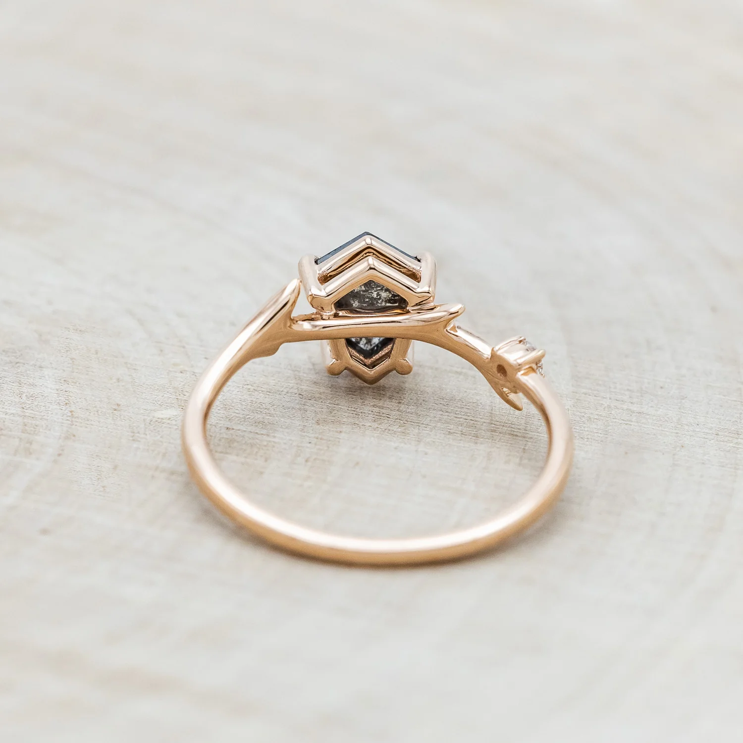 "ARTEMIS" - SHIELD ROSECUT SALT & PEPPER DIAMOND ENGAGEMENT RING WITH DIAMOND ACCENTS & STACKING BAND - Image 3