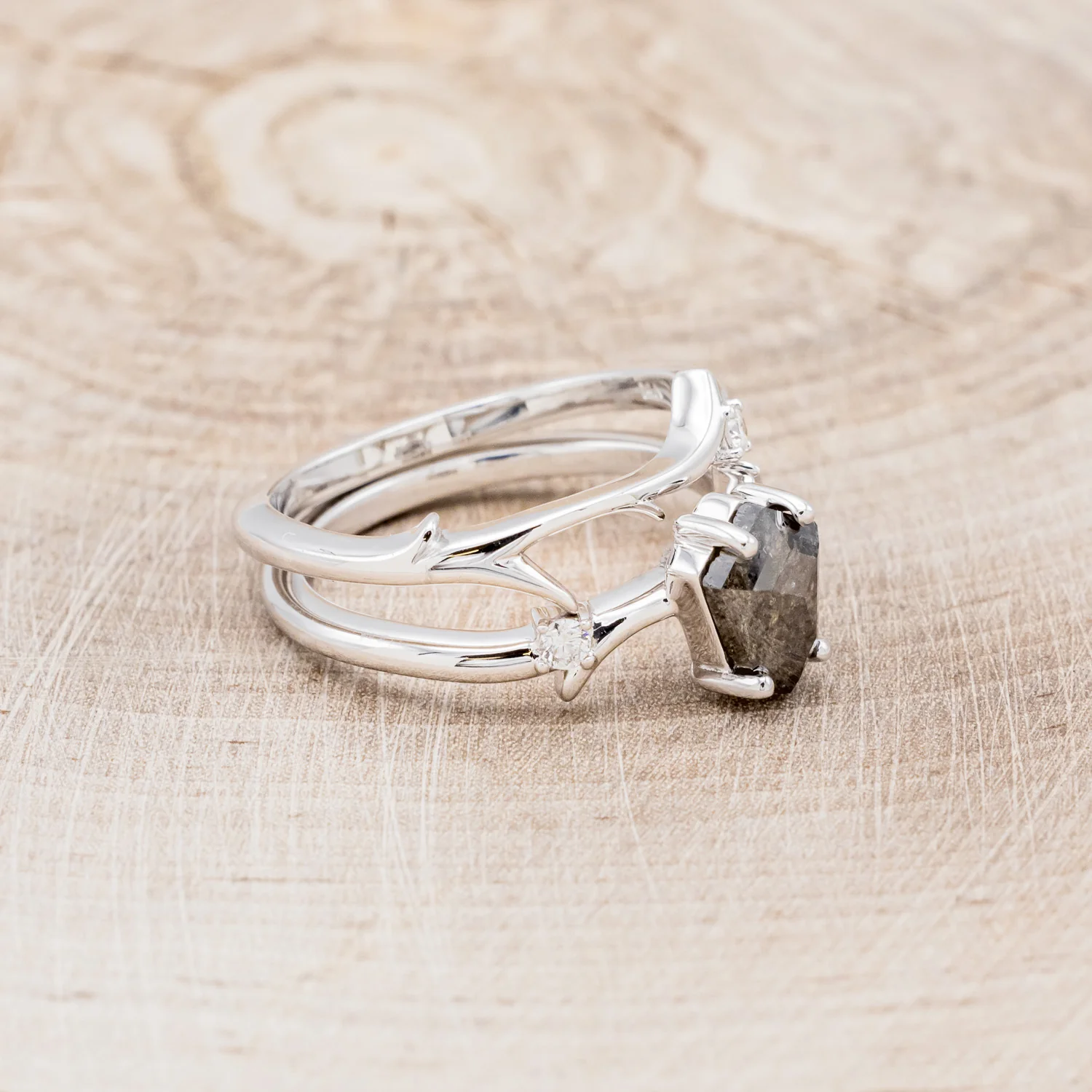 "ARTEMIS" - SHIELD ROSECUT SALT & PEPPER DIAMOND ENGAGEMENT RING WITH DIAMOND ACCENTS & STACKING BAND - Image 6