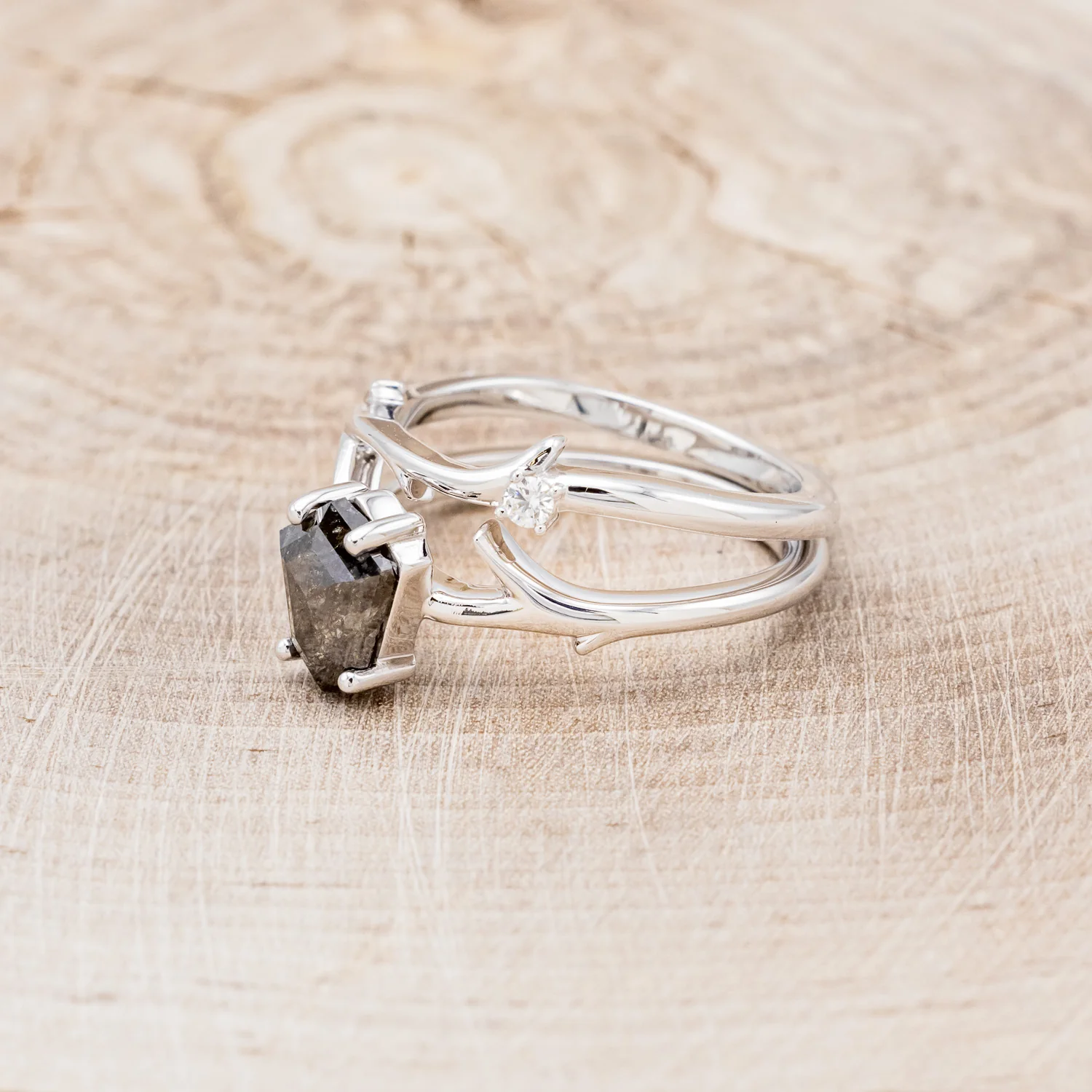 "ARTEMIS" - SHIELD ROSECUT SALT & PEPPER DIAMOND ENGAGEMENT RING WITH DIAMOND ACCENTS & STACKING BAND - Image 7