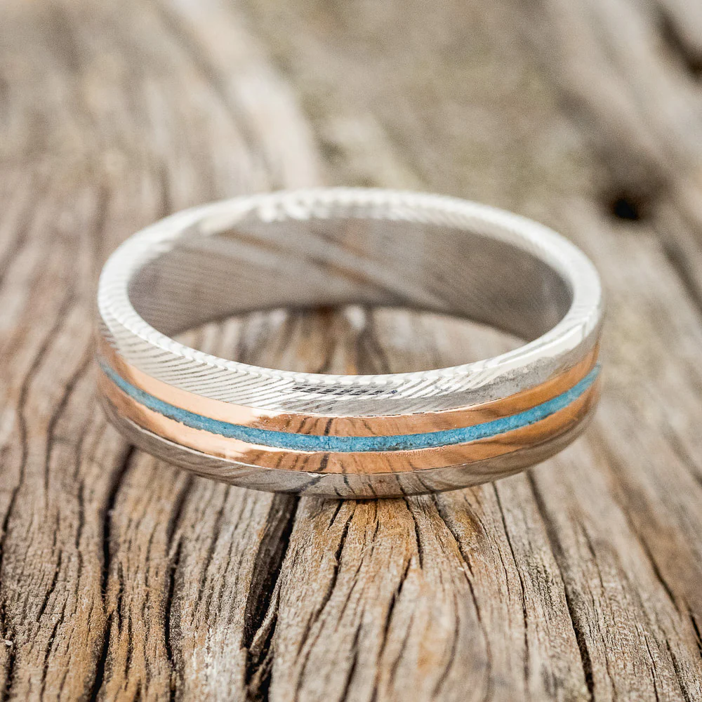 "ASHER" - TURQUOISE & 14K GOLD INLAYS WEDDING RING - Image 3
