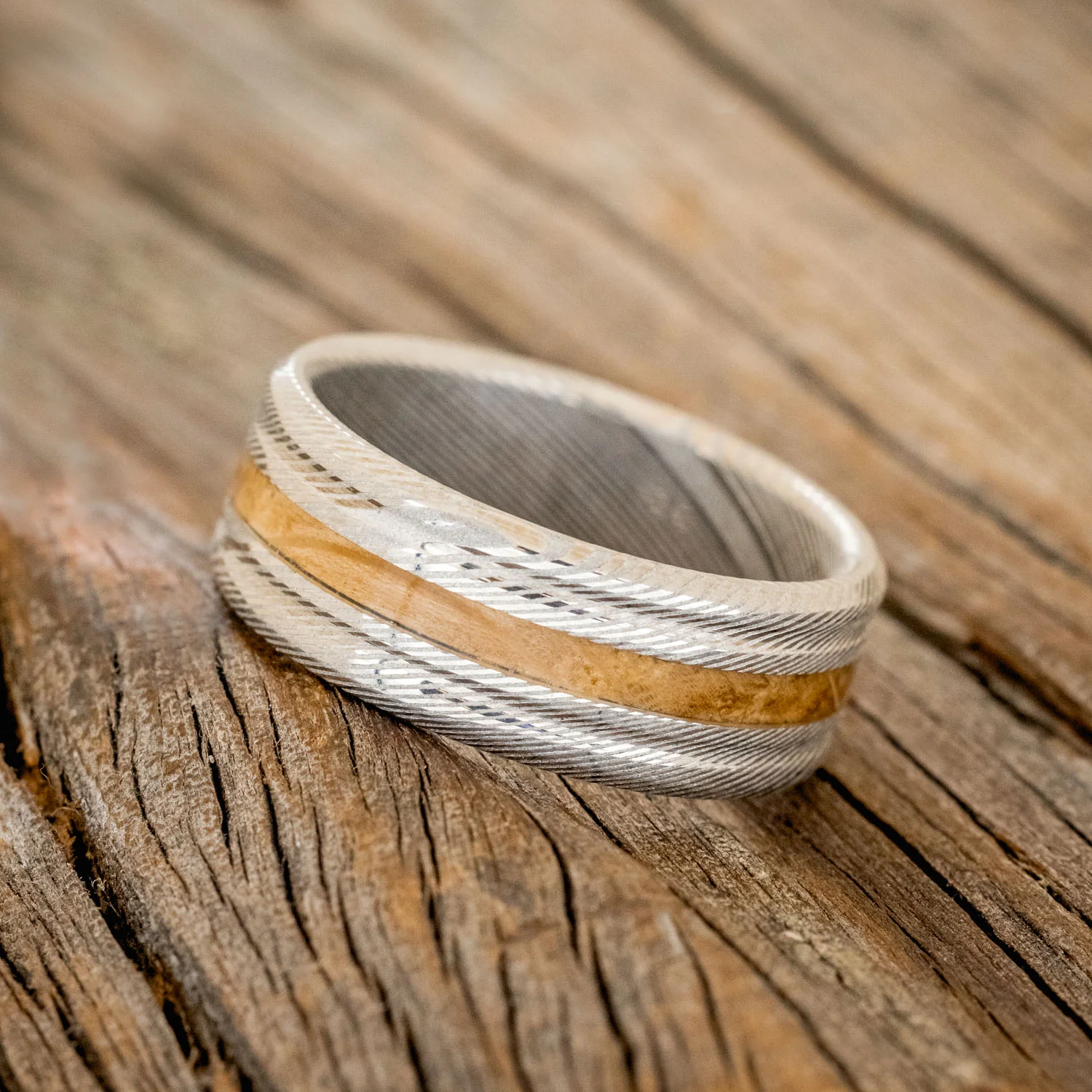 "AUSTIN" - MATCHING SET OF ETCHED DAMASCUS STEEL WEDDING BANDS WITH WHISKEY BARREL INLAY - Image 3