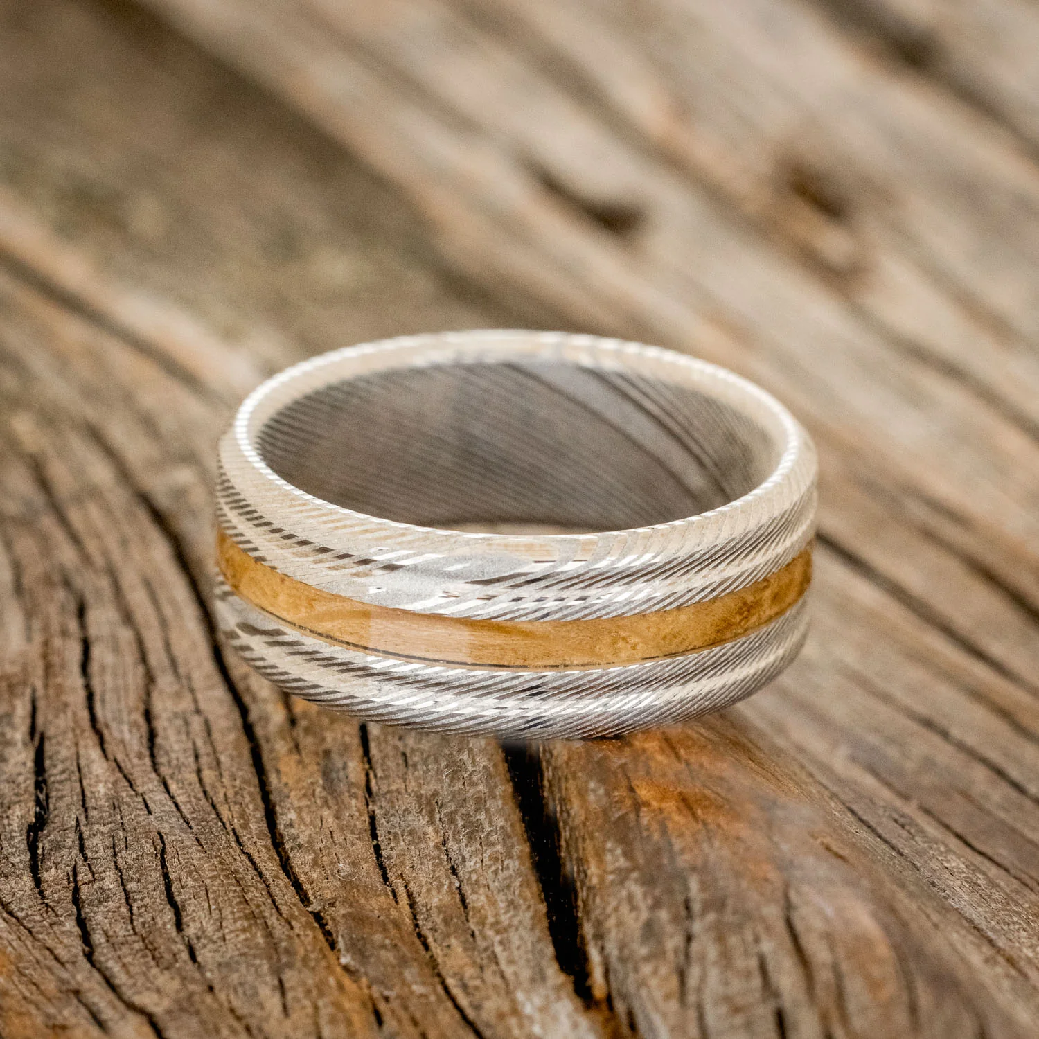 "AUSTIN" - MATCHING SET OF ETCHED DAMASCUS STEEL WEDDING BANDS WITH WHISKEY BARREL INLAY - Image 4