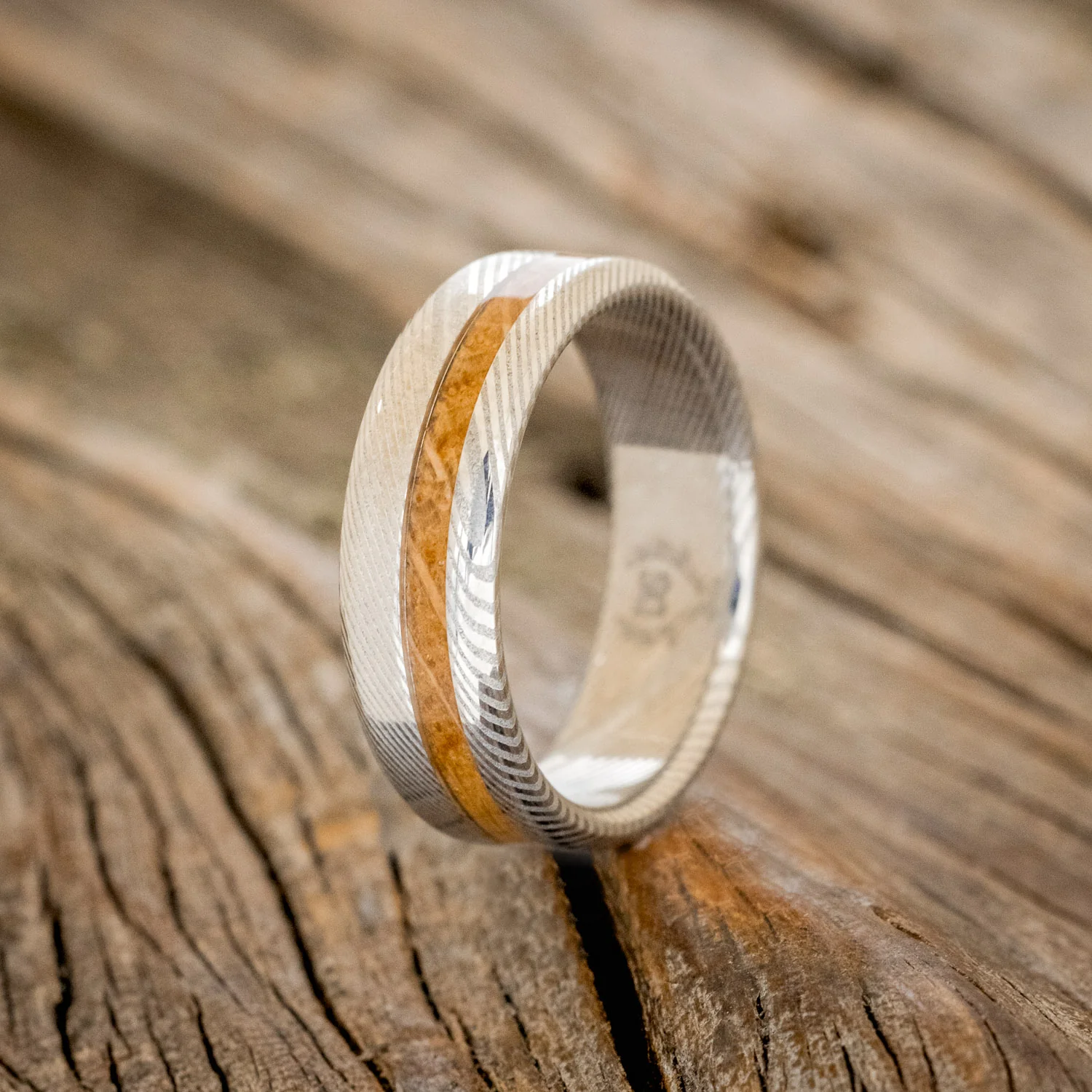 "AUSTIN" - MATCHING SET OF ETCHED DAMASCUS STEEL WEDDING BANDS WITH WHISKEY BARREL INLAY - Image 5