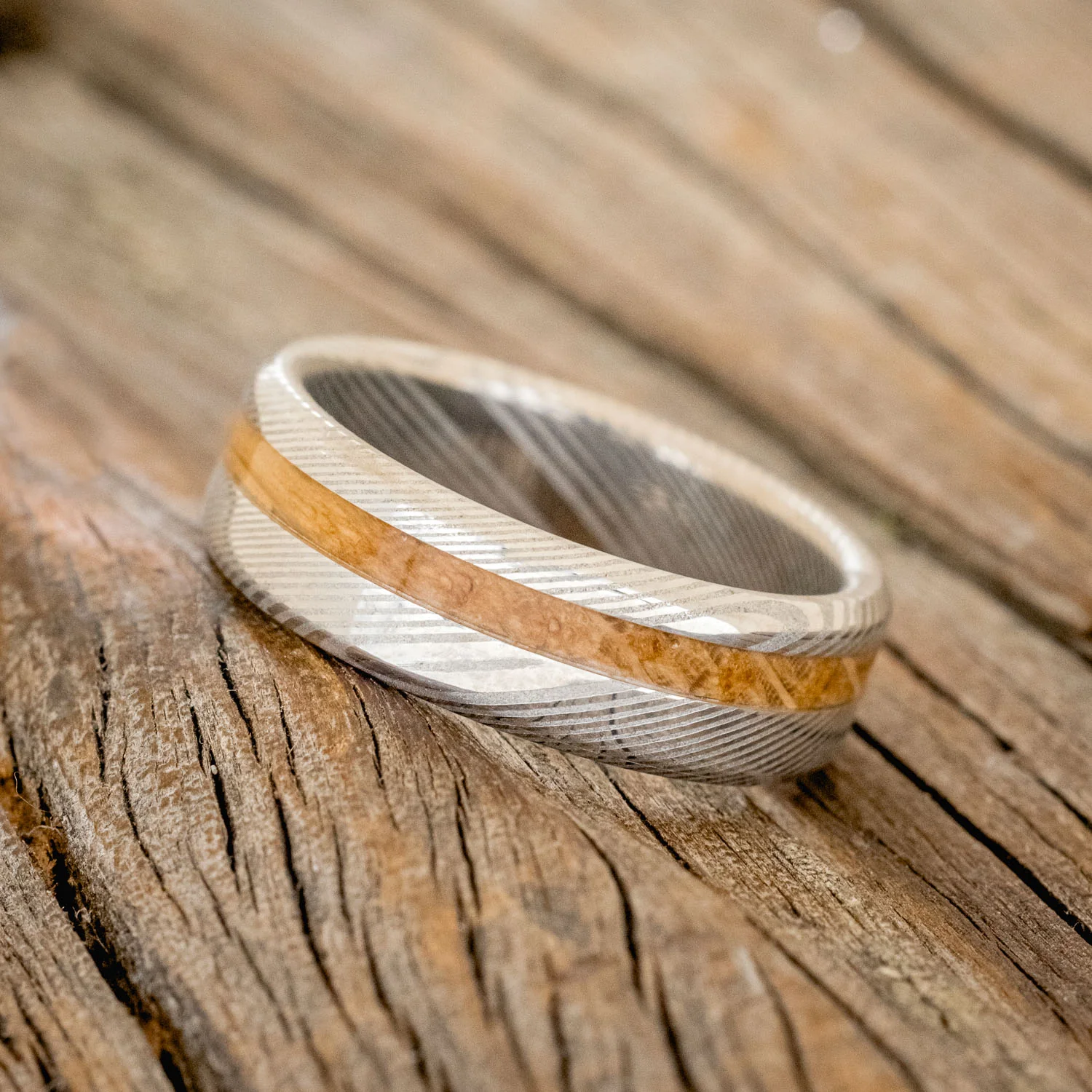 "AUSTIN" - MATCHING SET OF ETCHED DAMASCUS STEEL WEDDING BANDS WITH WHISKEY BARREL INLAY - Image 6