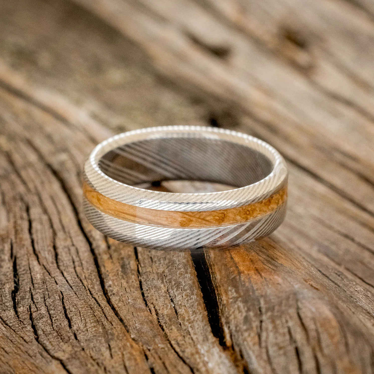 "AUSTIN" - MATCHING SET OF ETCHED DAMASCUS STEEL WEDDING BANDS WITH WHISKEY BARREL INLAY - Image 7