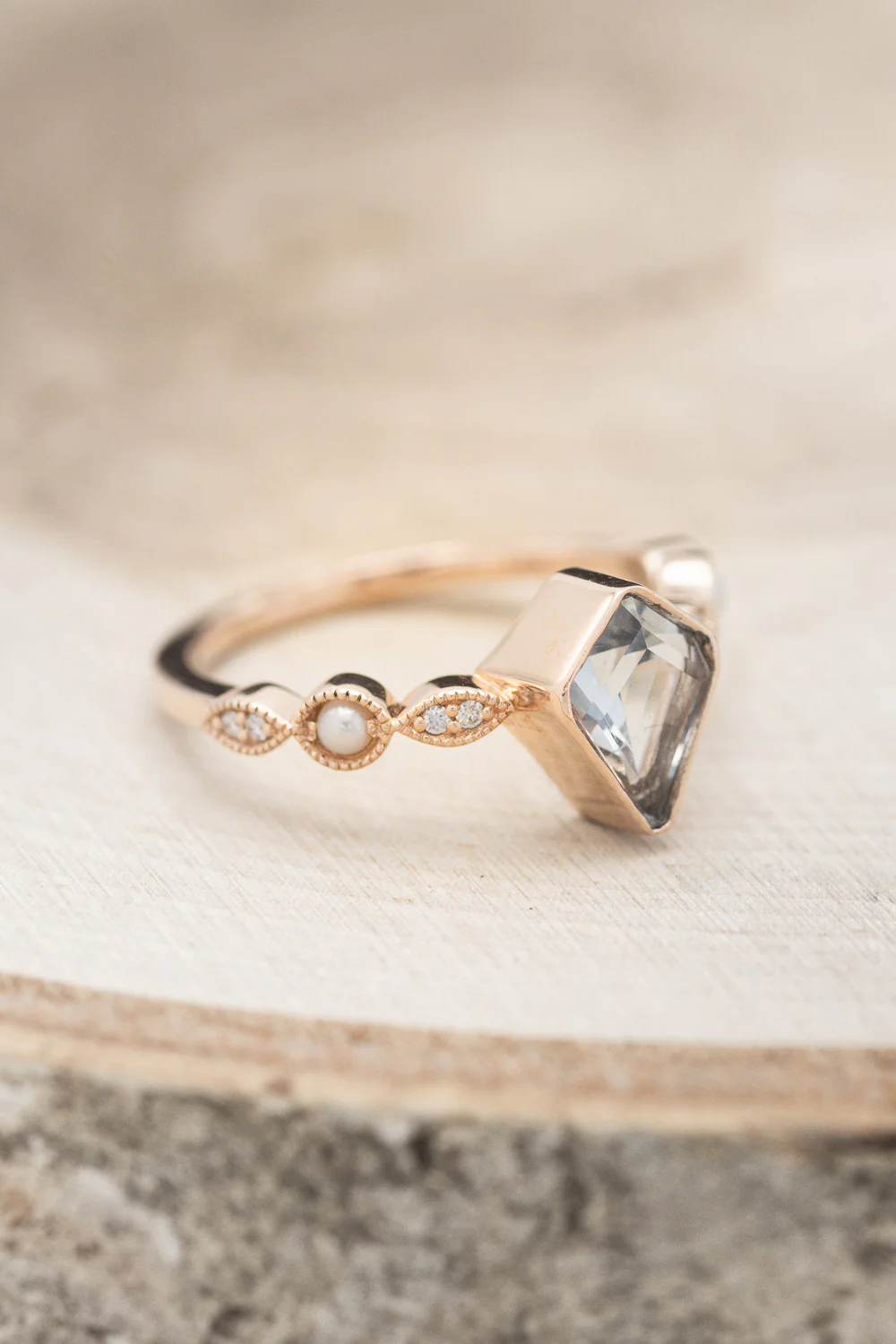 "BIANCA" - BRIDAL SUITE - KITE CUT AQUAMARINE ENGAGEMENT RING WITH PEARL & DIAMOND ACCENTS - Image 10