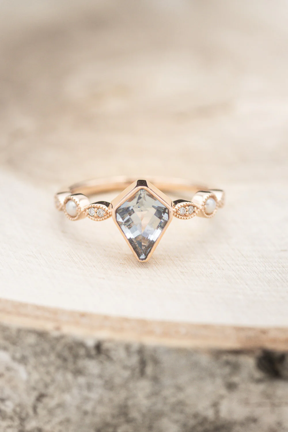 "BIANCA" - BRIDAL SUITE - KITE CUT AQUAMARINE ENGAGEMENT RING WITH PEARL & DIAMOND ACCENTS - Image 11