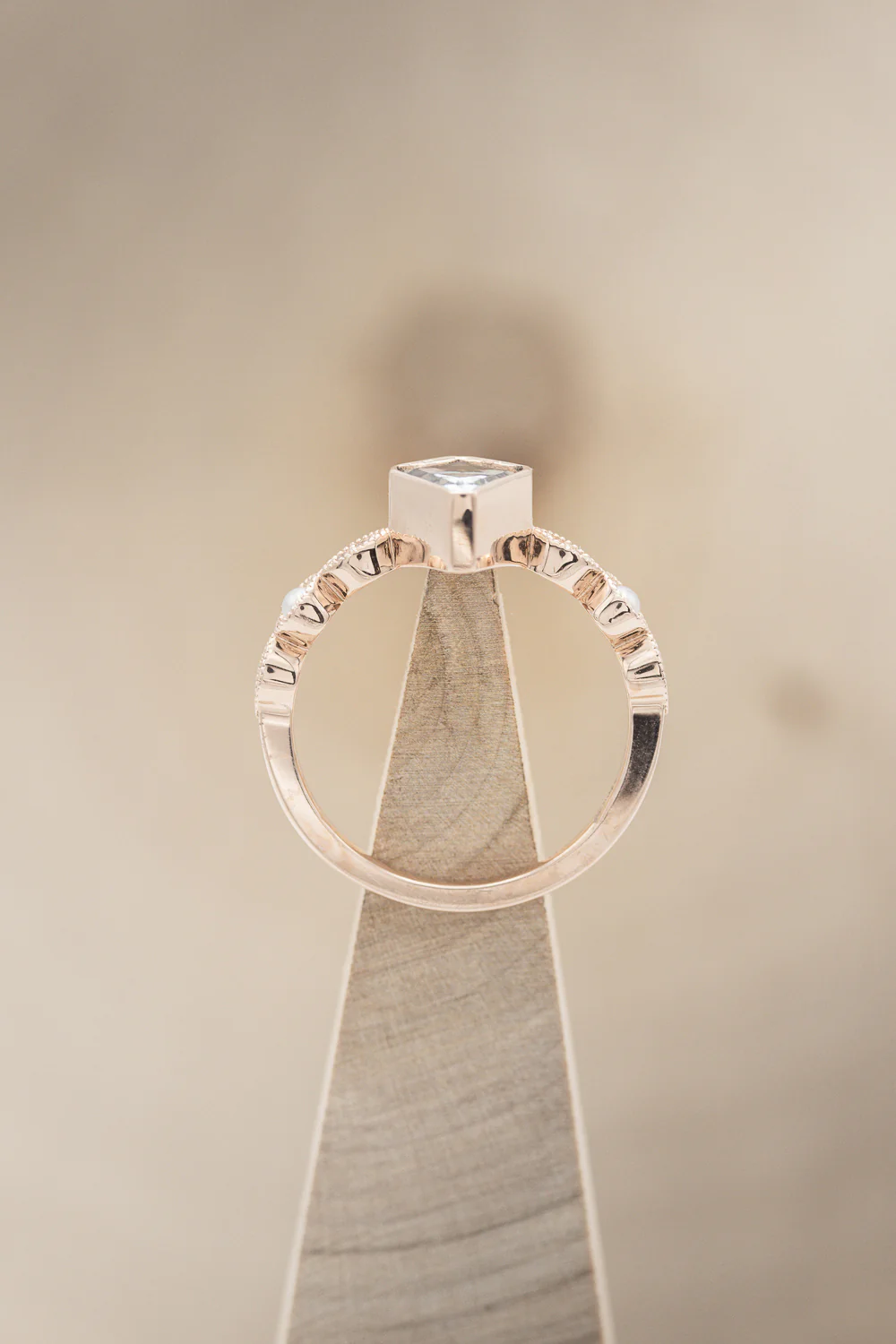 "BIANCA" - BRIDAL SUITE - KITE CUT AQUAMARINE ENGAGEMENT RING WITH PEARL & DIAMOND ACCENTS - Image 13