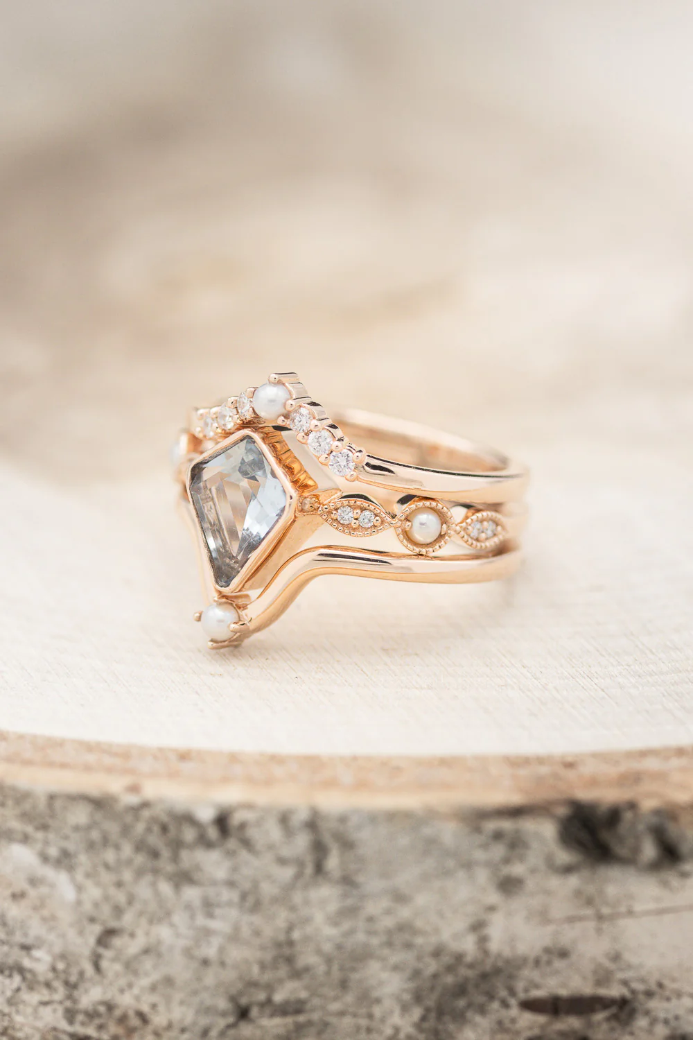 "BIANCA" - BRIDAL SUITE - KITE CUT AQUAMARINE ENGAGEMENT RING WITH PEARL & DIAMOND ACCENTS - Image 3