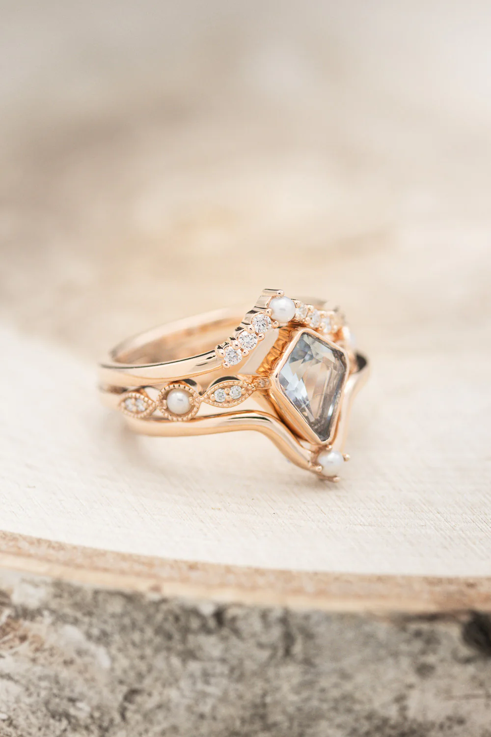 "BIANCA" - BRIDAL SUITE - KITE CUT AQUAMARINE ENGAGEMENT RING WITH PEARL & DIAMOND ACCENTS - Image 4