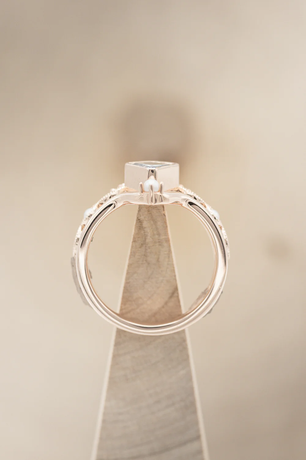 "BIANCA" - BRIDAL SUITE - KITE CUT AQUAMARINE ENGAGEMENT RING WITH PEARL & DIAMOND ACCENTS - Image 5