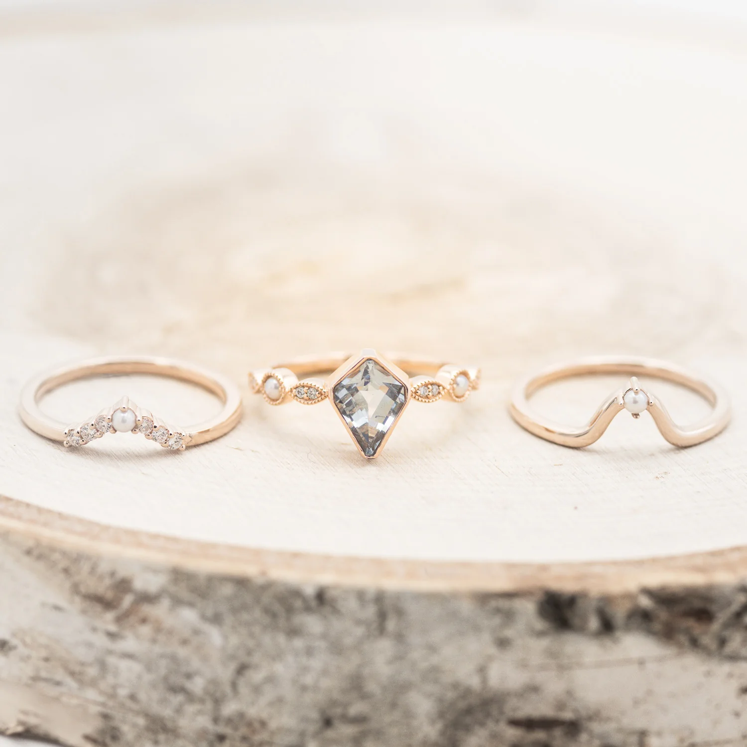 "BIANCA" - BRIDAL SUITE - KITE CUT AQUAMARINE ENGAGEMENT RING WITH PEARL & DIAMOND ACCENTS - Image 6