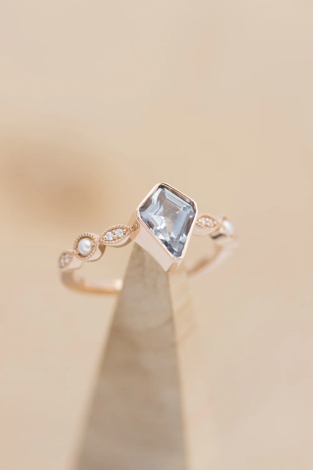 "BIANCA" - BRIDAL SUITE - KITE CUT AQUAMARINE ENGAGEMENT RING WITH PEARL & DIAMOND ACCENTS - Image 7