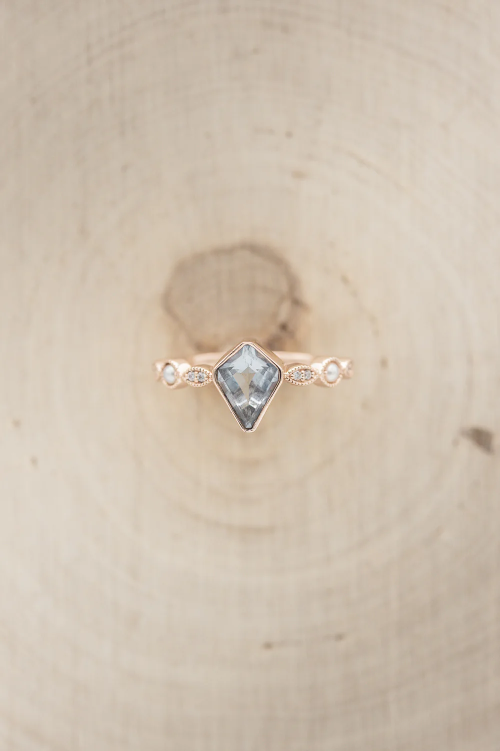 "BIANCA" - BRIDAL SUITE - KITE CUT AQUAMARINE ENGAGEMENT RING WITH PEARL & DIAMOND ACCENTS - Image 8
