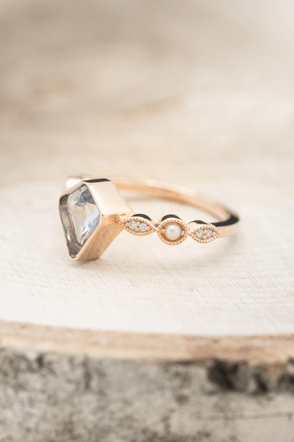 "BIANCA" - BRIDAL SUITE - KITE CUT AQUAMARINE ENGAGEMENT RING WITH PEARL & DIAMOND ACCENTS - Image 9