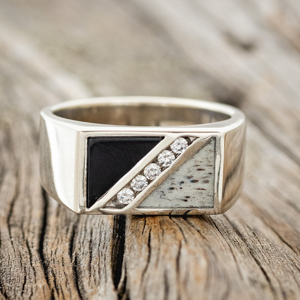 "ALDEN" - BLACK ONYX, ANTLER & DIAMONDS WEDDING BAND - Image 3