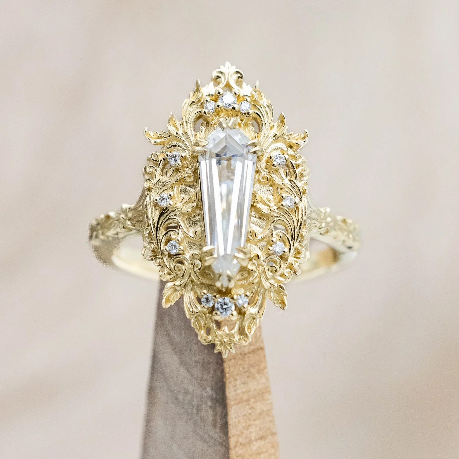 "CHERIE" - ROCOCO-STYLE DAGGER CUT MOISSANITE ENGAGEMENT RING WITH DIAMOND ACCENTS - Image 3
