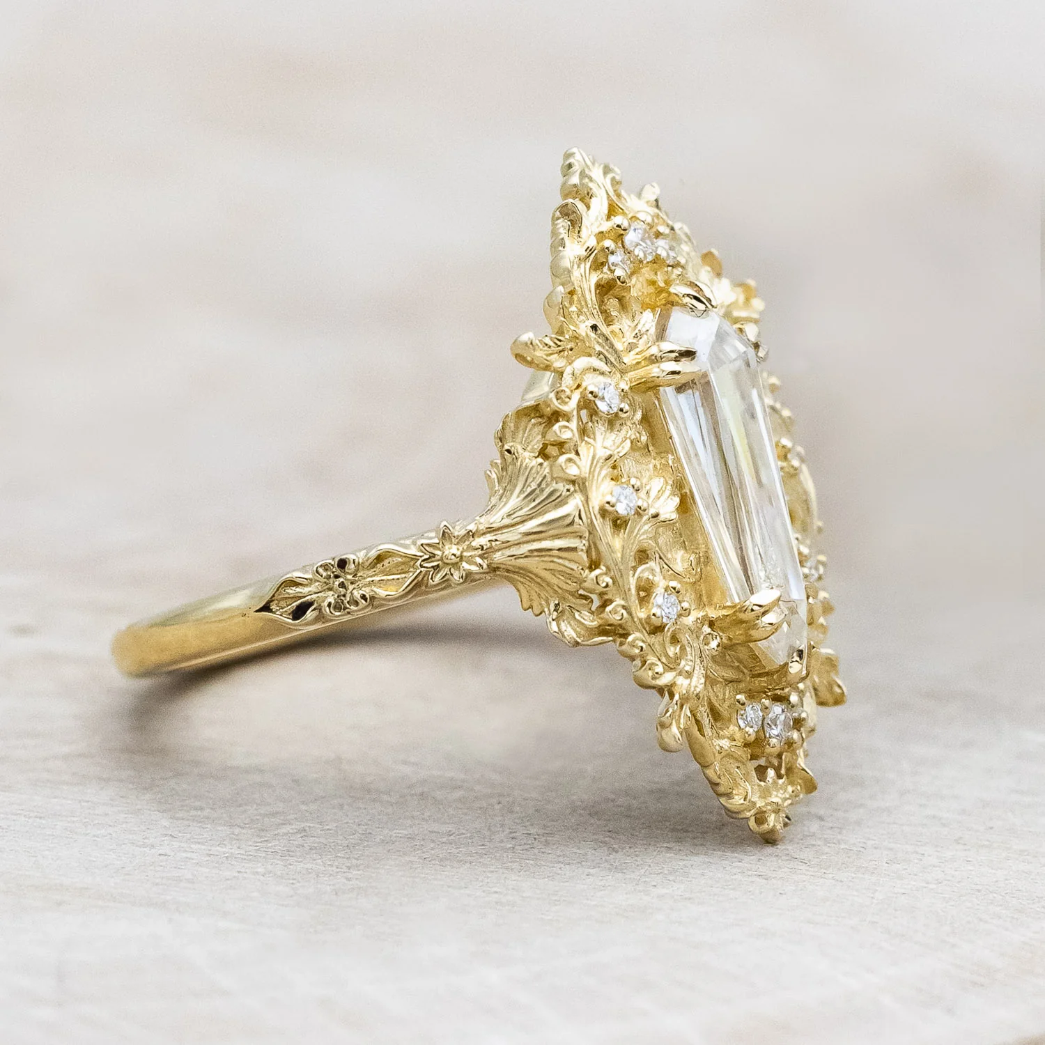 "CHERIE" - ROCOCO-STYLE DAGGER CUT MOISSANITE ENGAGEMENT RING WITH DIAMOND ACCENTS - Image 4