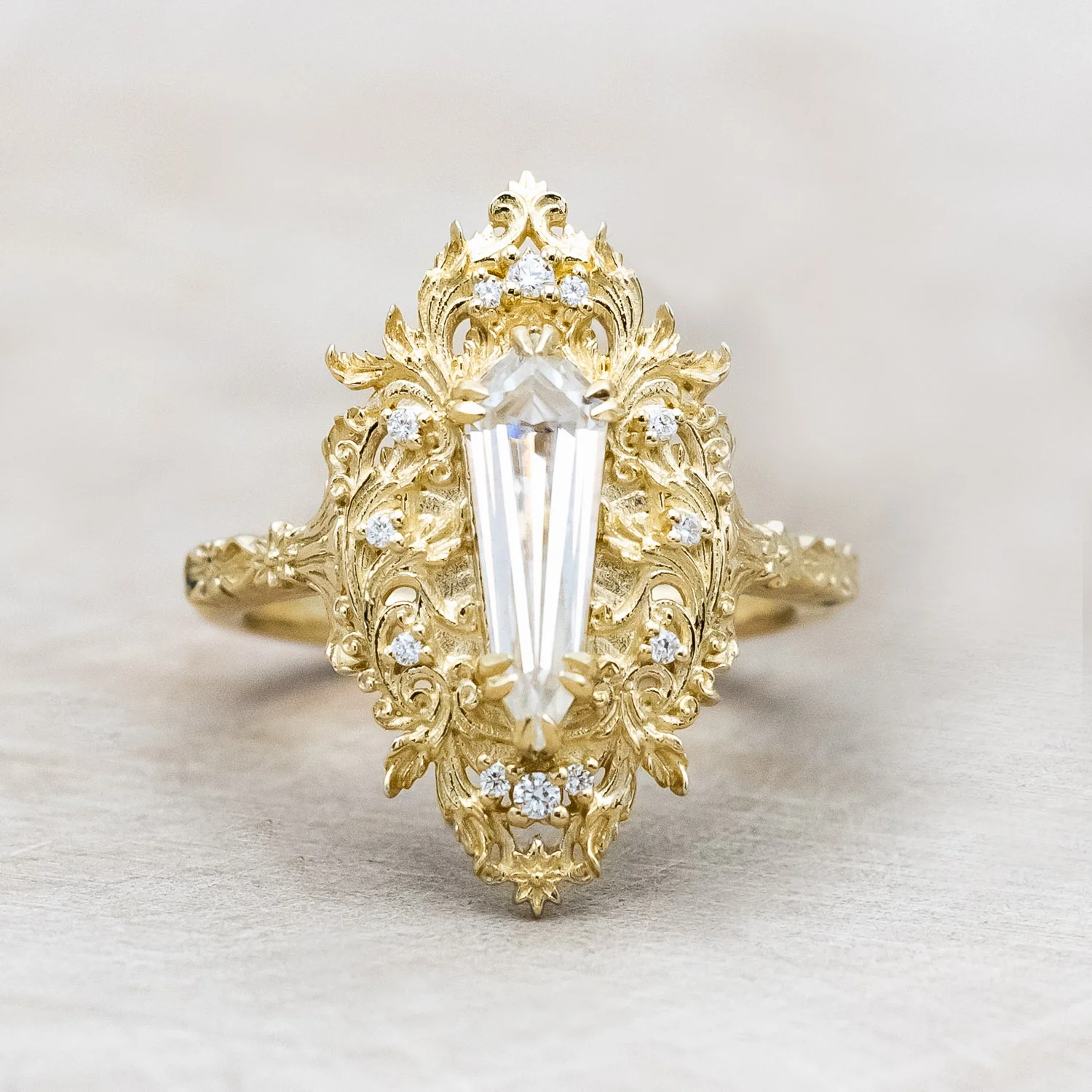 "CHERIE" - ROCOCO-STYLE DAGGER CUT MOISSANITE ENGAGEMENT RING WITH DIAMOND ACCENTS - Image 6