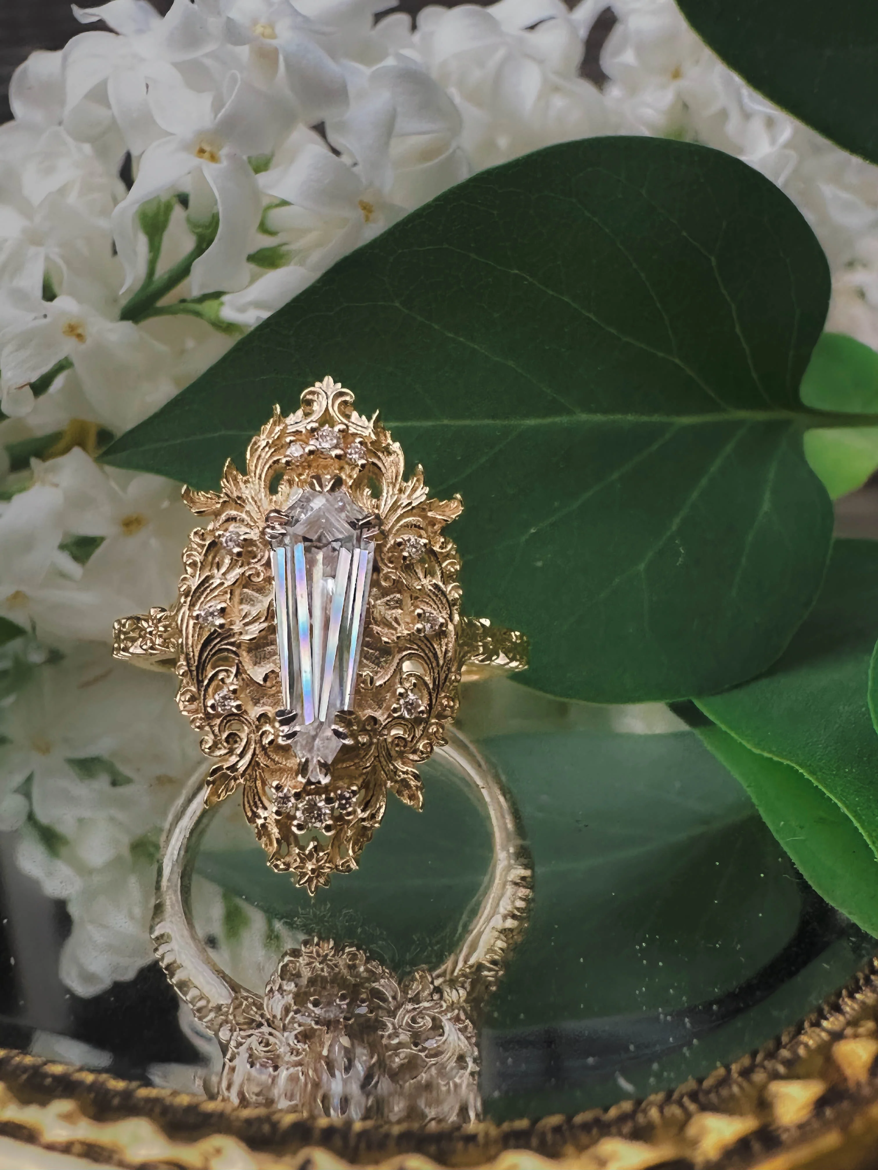 "CHERIE" - ROCOCO-STYLE DAGGER CUT MOISSANITE ENGAGEMENT RING WITH DIAMOND ACCENTS - Image 9