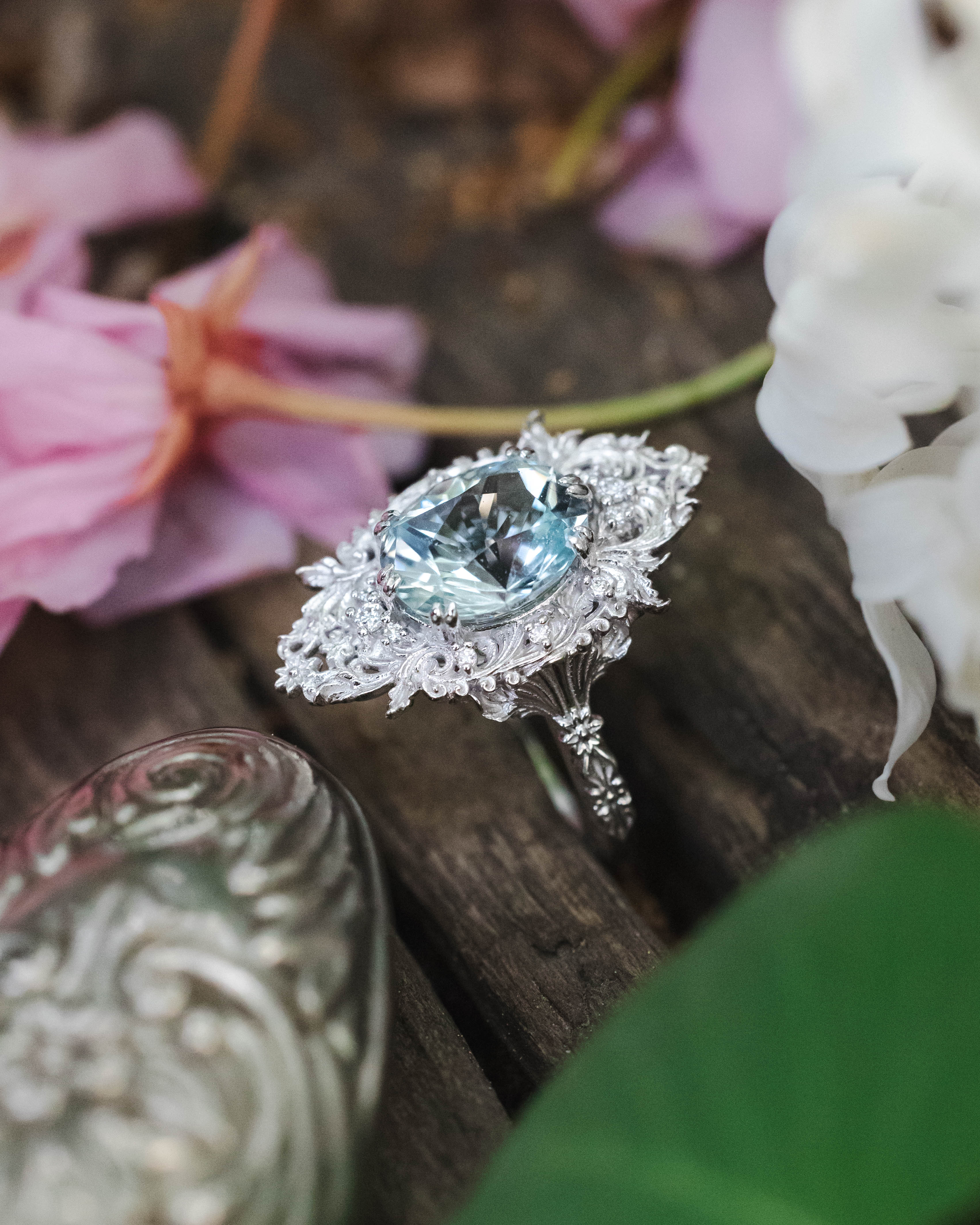 "CHERIE" - ROCOCO-STYLE OVAL CUT AQUAMARINE ENGAGEMENT RING WITH DIAMOND ACCENTS - Image 10