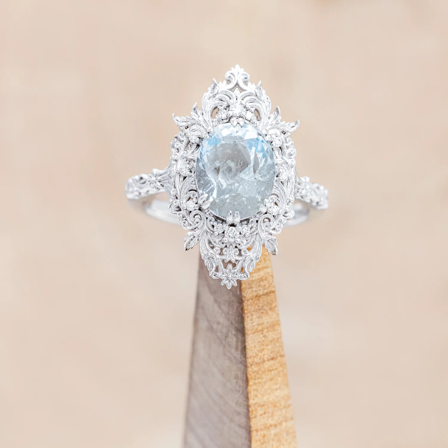 "CHERIE" - ROCOCO-STYLE OVAL CUT AQUAMARINE ENGAGEMENT RING WITH DIAMOND ACCENTS - Image 3