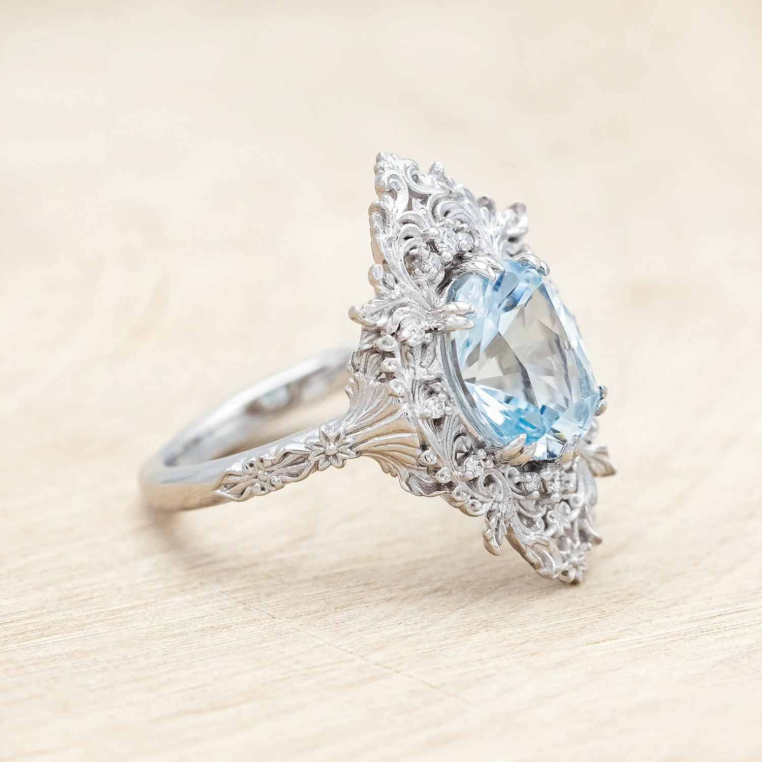 "CHERIE" - ROCOCO-STYLE OVAL CUT AQUAMARINE ENGAGEMENT RING WITH DIAMOND ACCENTS - Image 4