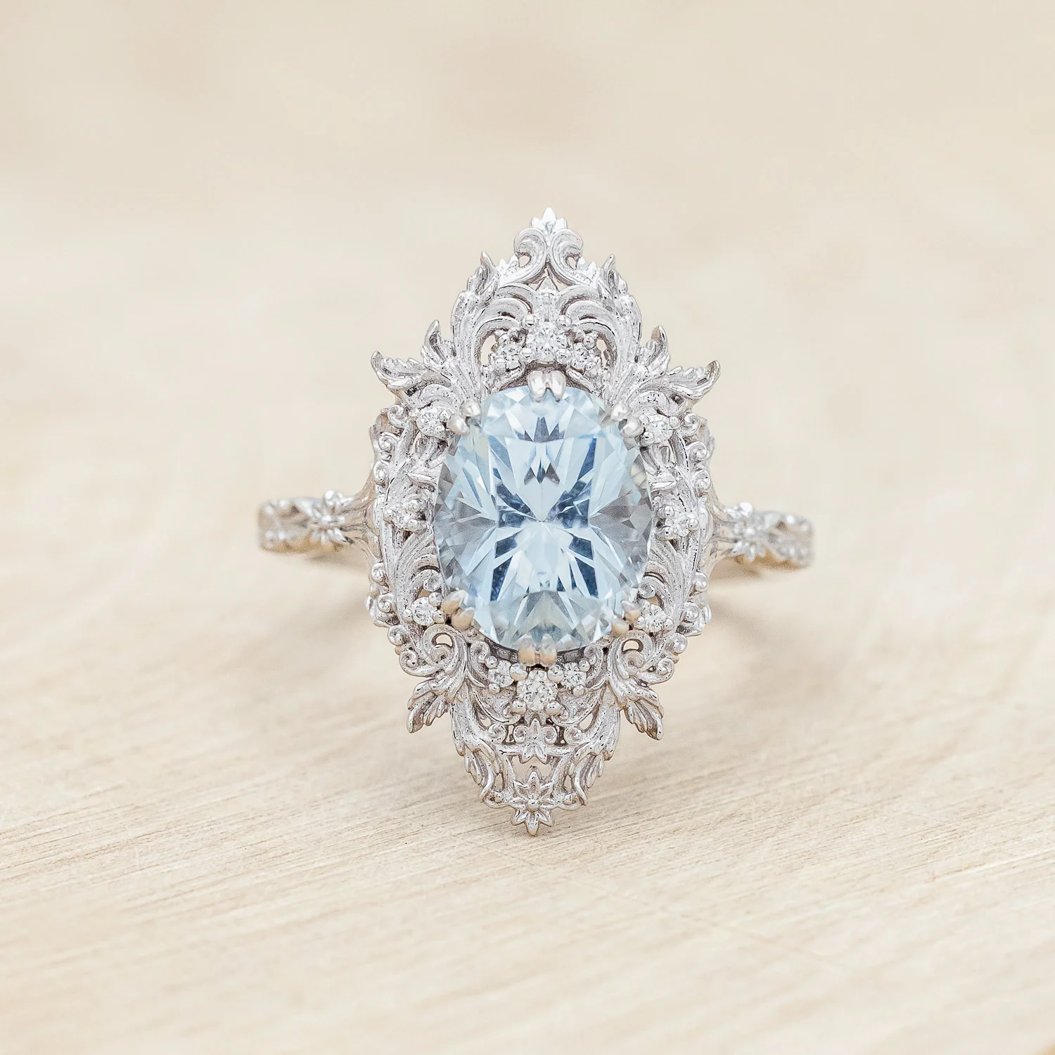 "CHERIE" - ROCOCO-STYLE OVAL CUT AQUAMARINE ENGAGEMENT RING WITH DIAMOND ACCENTS - Image 6