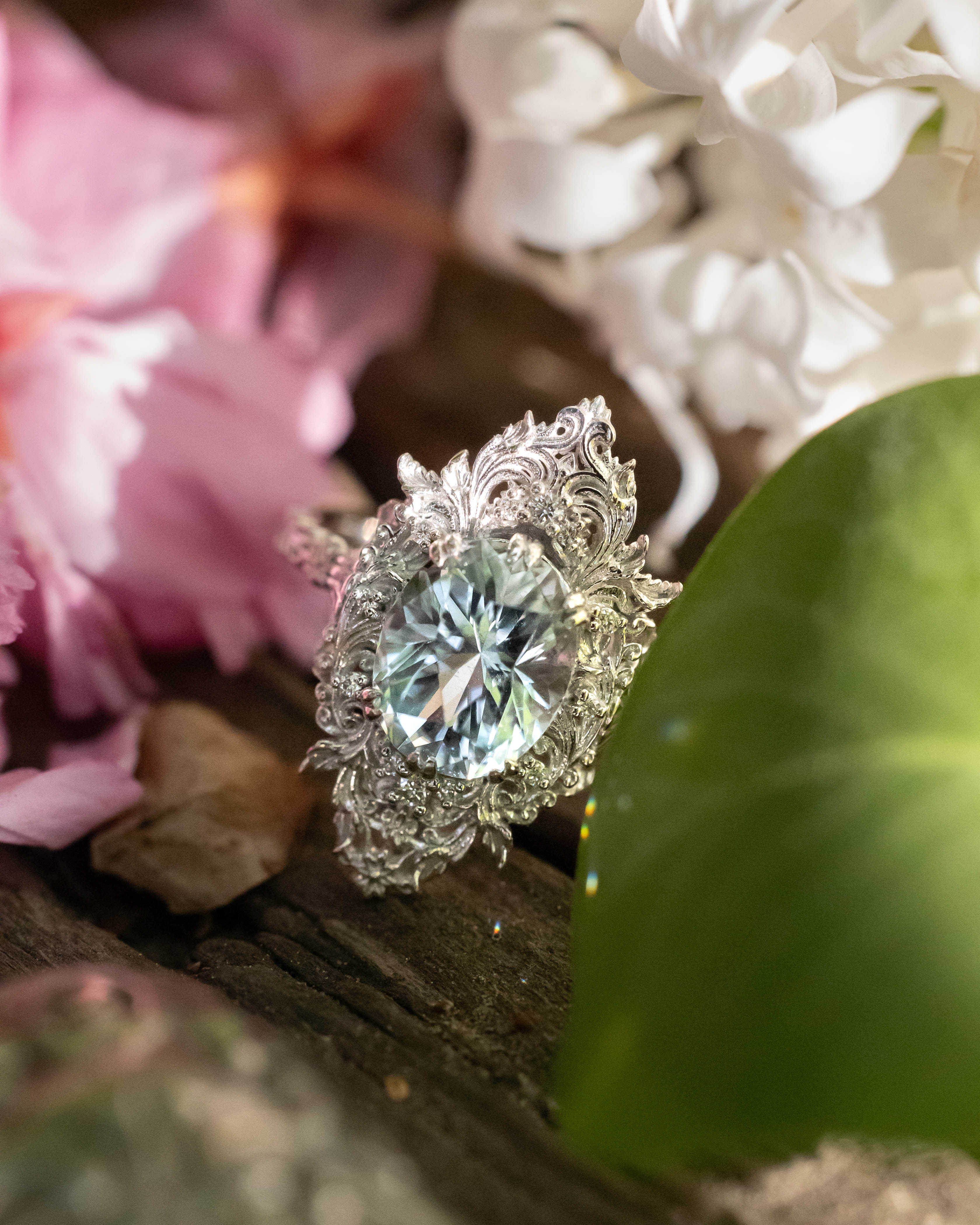 "CHERIE" - ROCOCO-STYLE OVAL CUT AQUAMARINE ENGAGEMENT RING WITH DIAMOND ACCENTS - Image 9