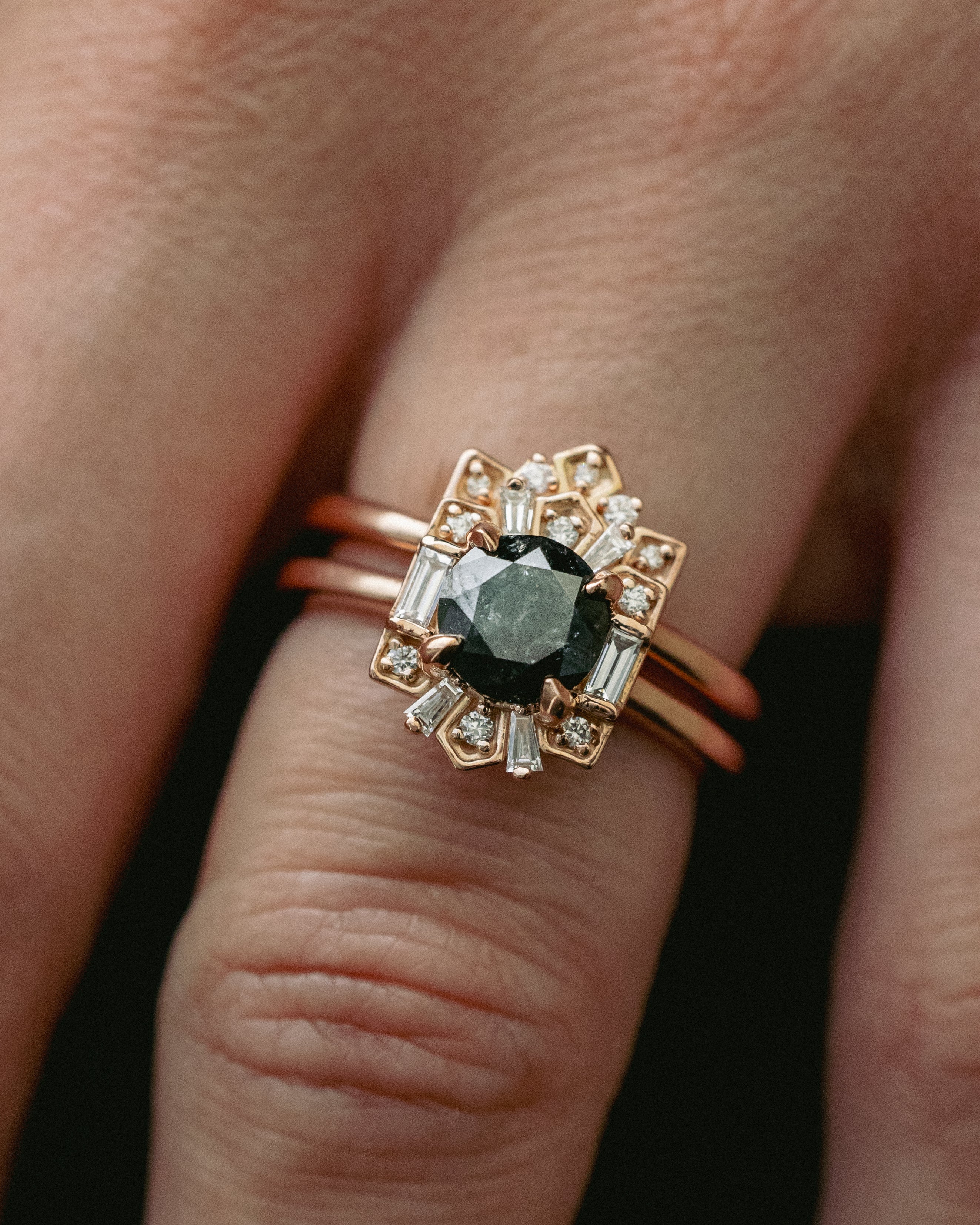 "CLEOPATRA" - ROUND CUT SALT & PEPPER DIAMOND ENGAGEMENT RING WITH DIAMOND TRACER - Image 11