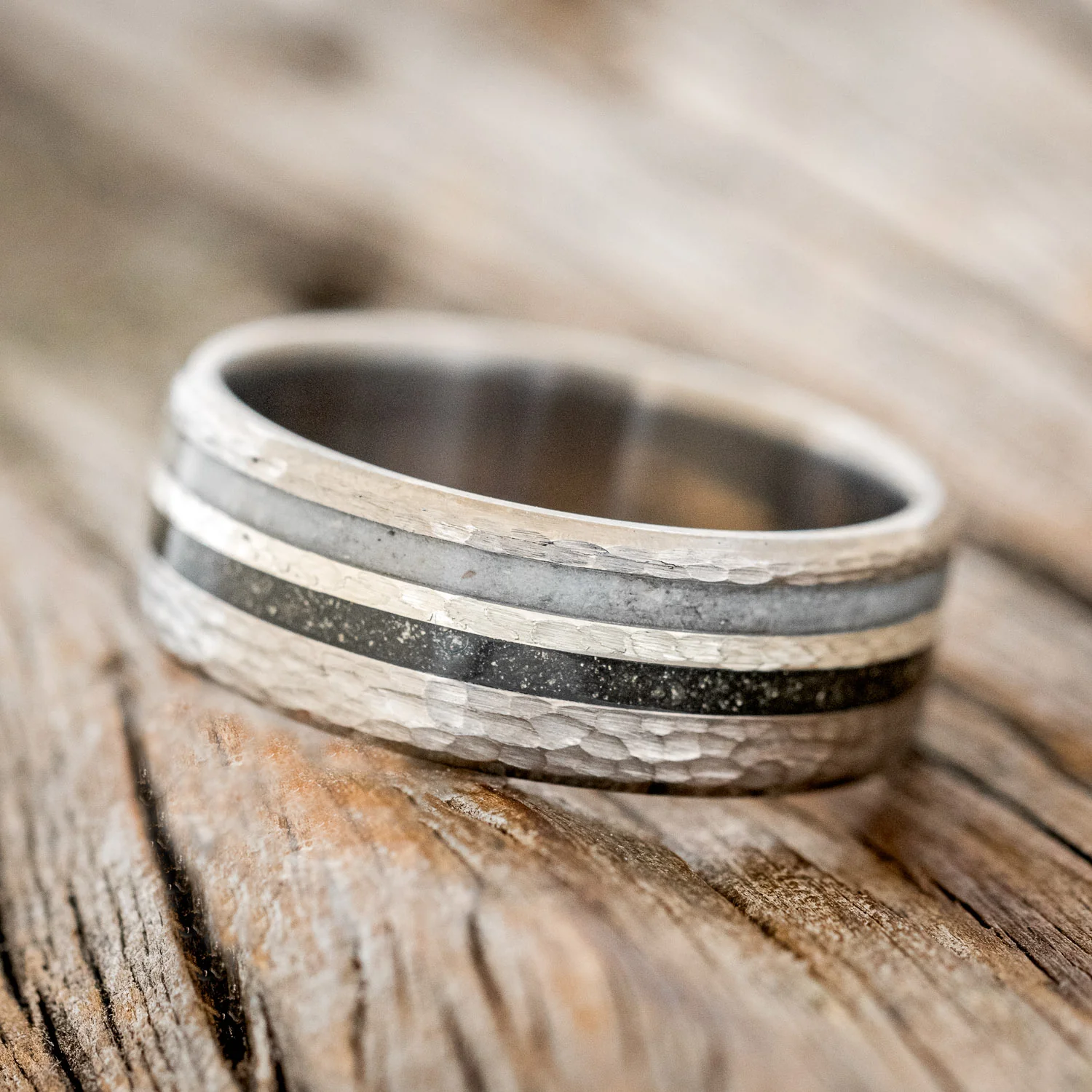 "COSMO" - PYRITE, ANTLER & HAMMERED PRECIOUS METAL INLAY WEDDING BAND WITH HAMMERED FINISH - Image 3
