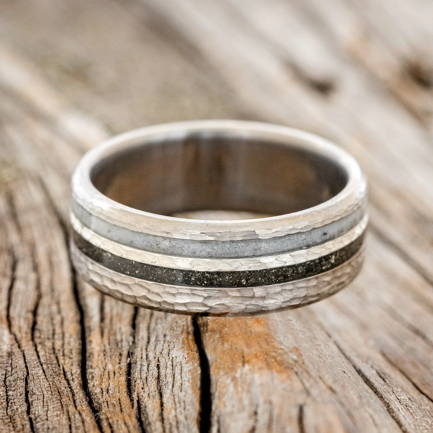 "COSMO" - PYRITE, ANTLER & HAMMERED PRECIOUS METAL INLAY WEDDING BAND WITH HAMMERED FINISH - Image 4