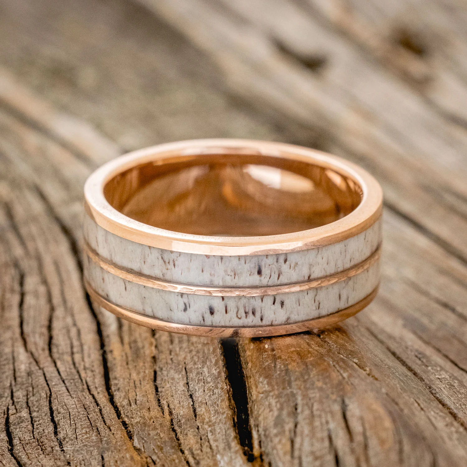 "DYAD" - ANTLER & HAMMERED 14K GOLD INLAY WEDDING RING - Image 3