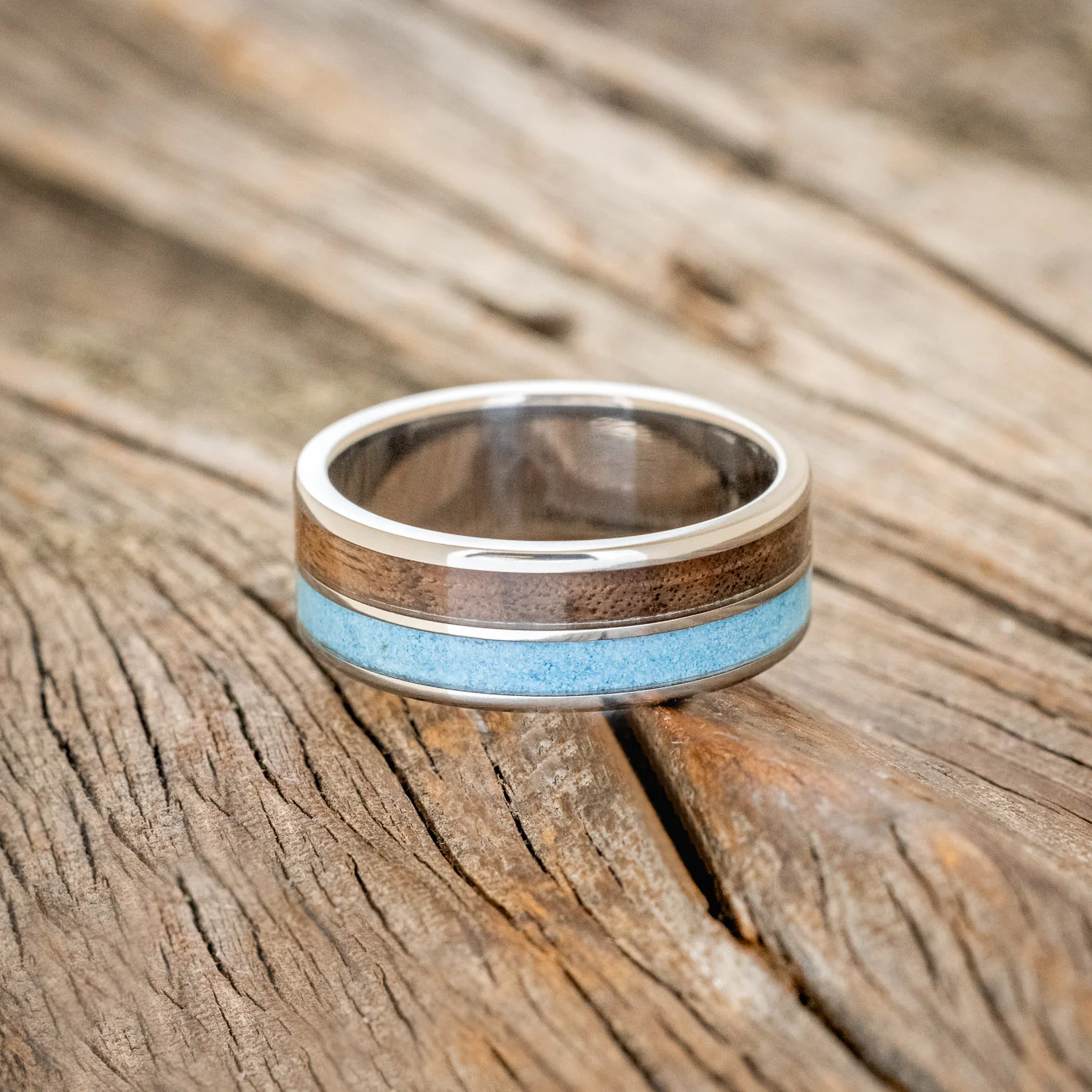 "DYAD" - BLACK WALNUT & TURQUOISE WEDDING BAND - Image 3