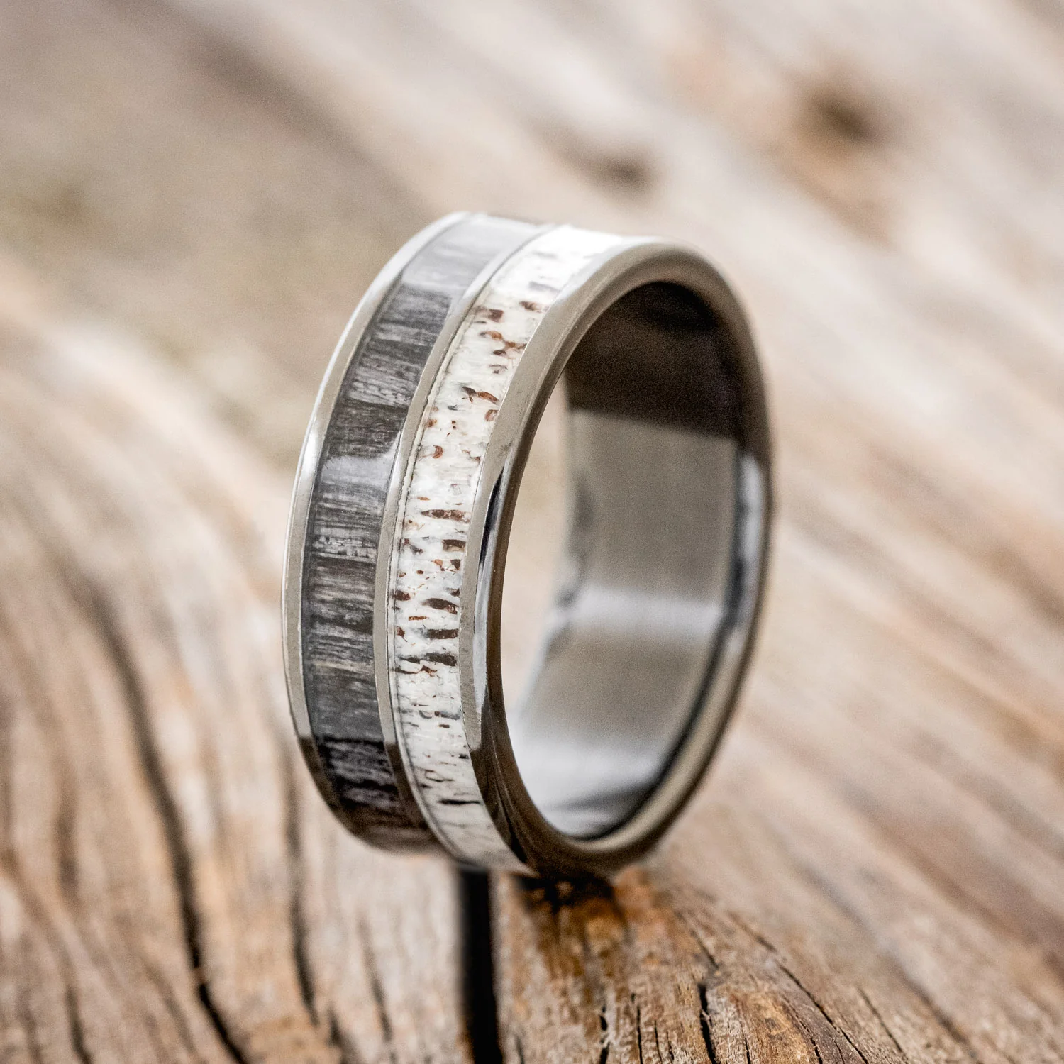 "DYAD" - GREY BIRCH WOOD & ANTLER WEDDING BAND - Image 10