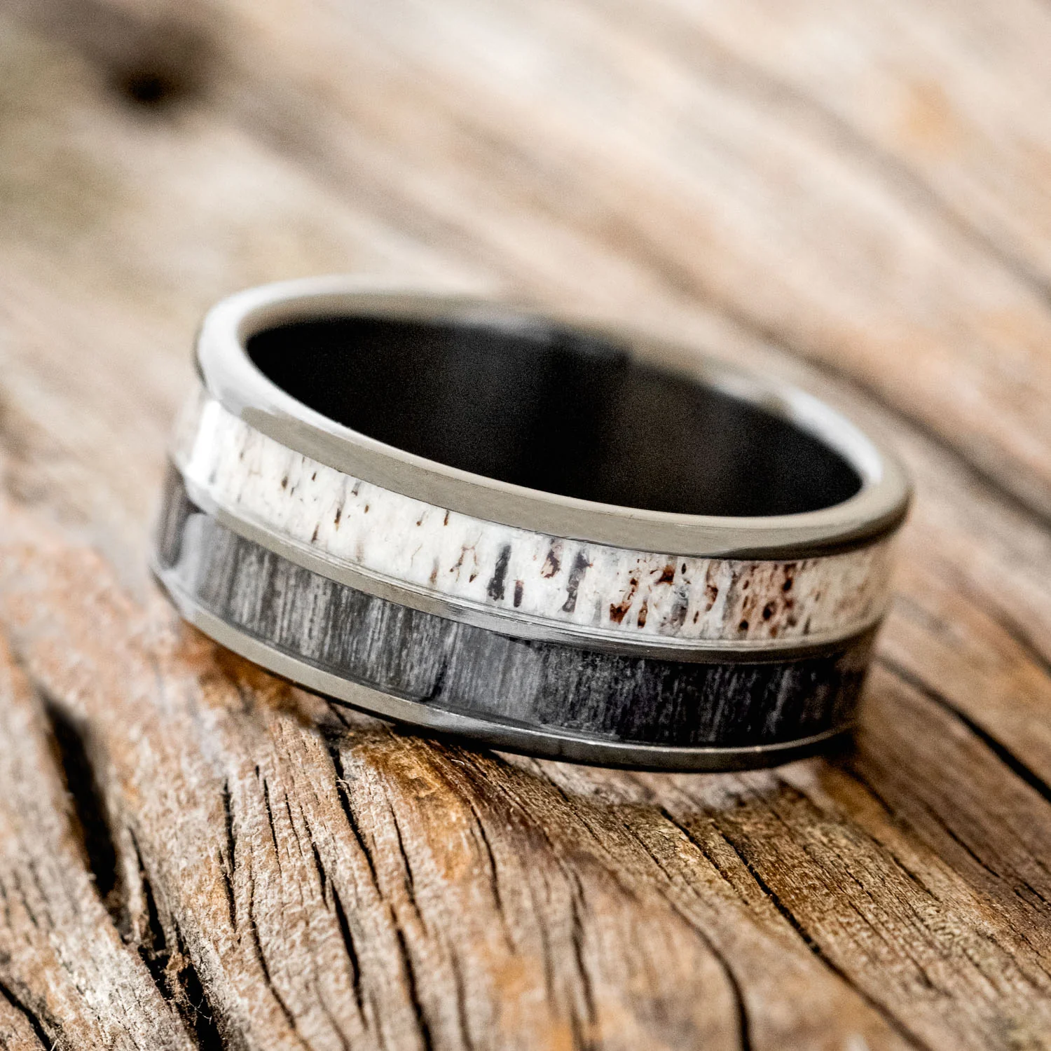 "DYAD" - GREY BIRCH WOOD & ANTLER WEDDING BAND - Image 11