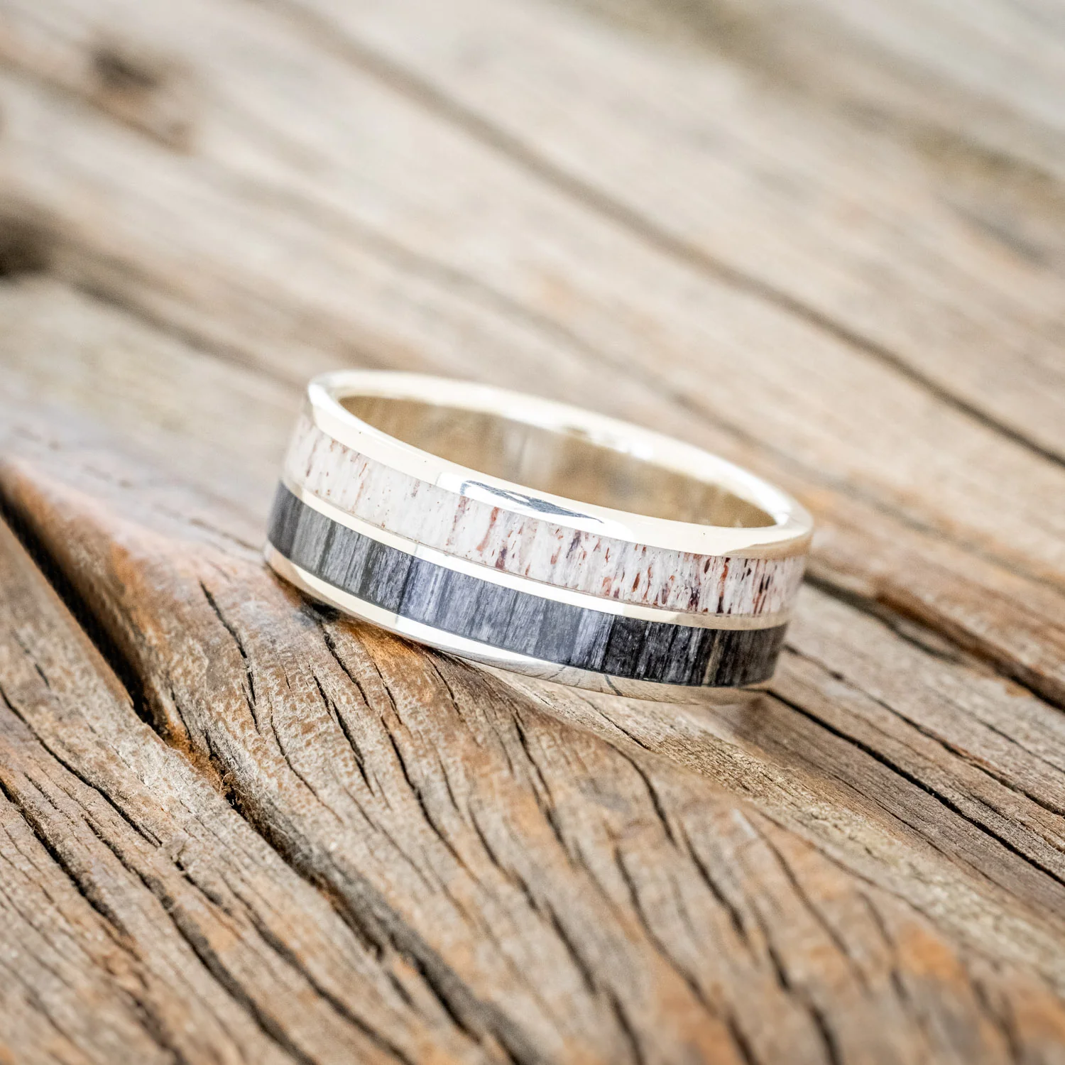 "DYAD" - GREY BIRCH WOOD & ANTLER WEDDING BAND - Image 14
